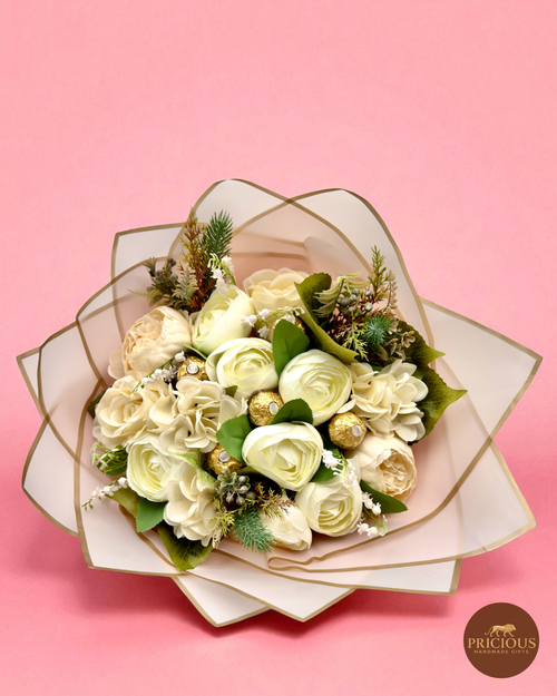 Front view luxury chocolate gift bouquet in champagne wrap