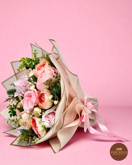 Ferrero Rocher rose & peony chocolate gift bouquet in blush pink