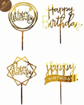 Four gold 'Happy Birthday' cake toppers on a white background