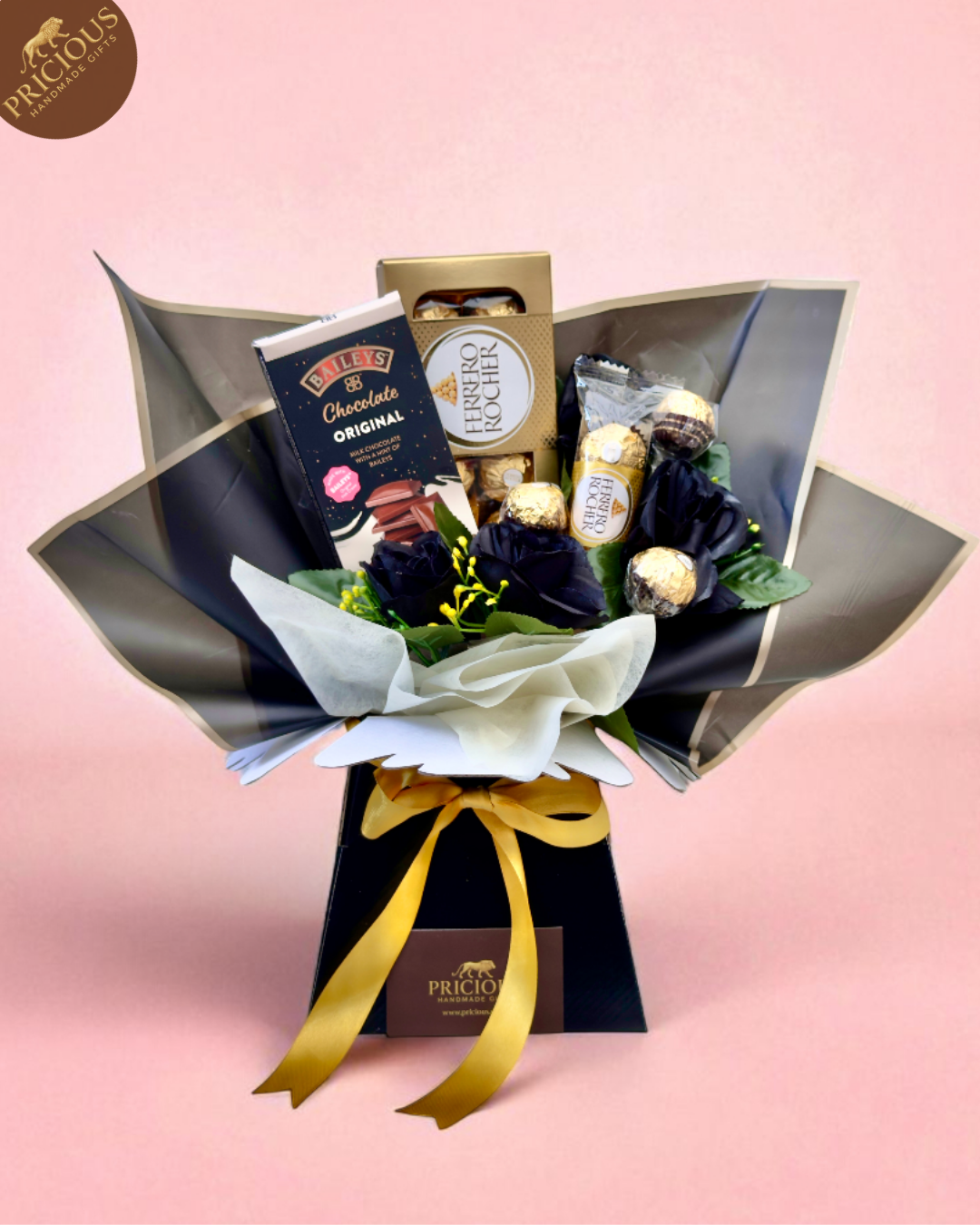 Black & gold hand-tied chocolate bouquet box with Baileys bar and Ferrero Rocher, artificial roses, satin ribbon.