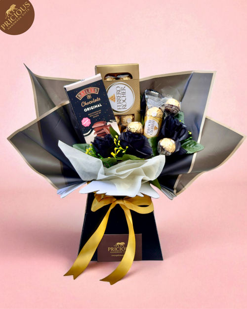 Black & gold hand-tied chocolate bouquet box with Baileys bar and Ferrero Rocher, artificial roses, satin ribbon.