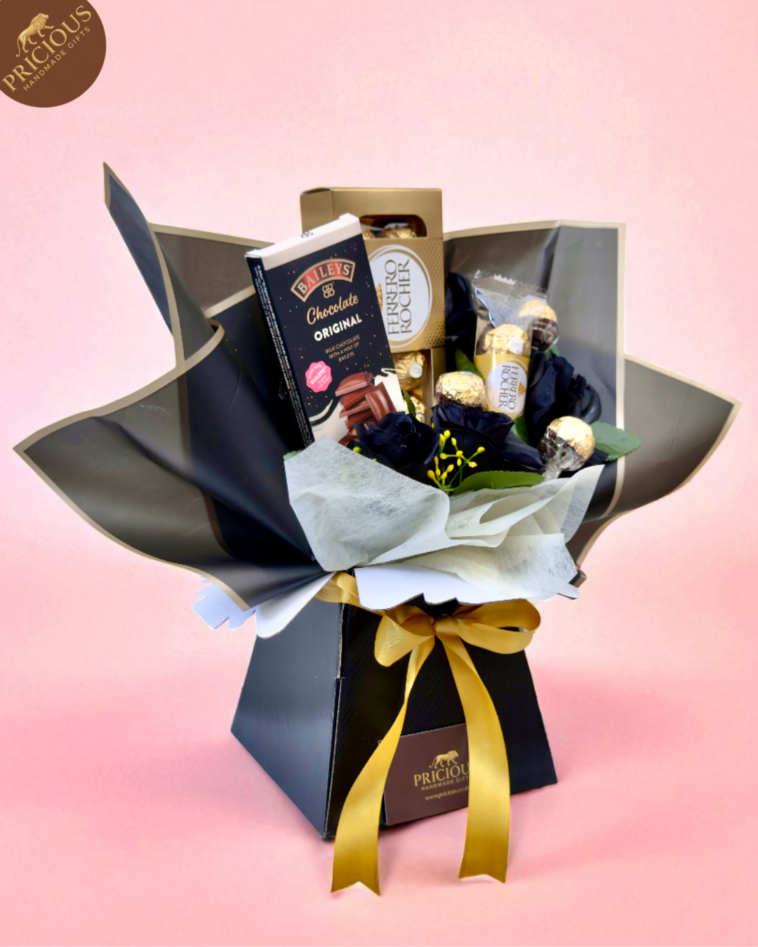 Gift-ready bouquet box arrangement, handmade in the UK with artificial roses and Ferrero Rocher chocolates.
