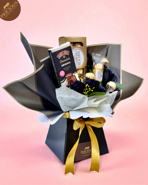 Gift-ready bouquet box arrangement, handmade in the UK with artificial roses and Ferrero Rocher chocolates.