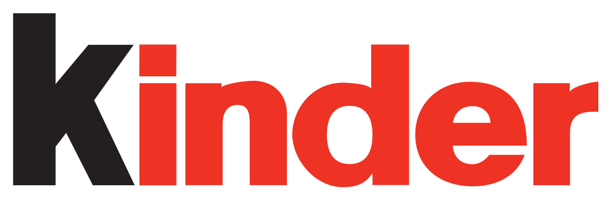 Kinder logo with black and red text on a white background