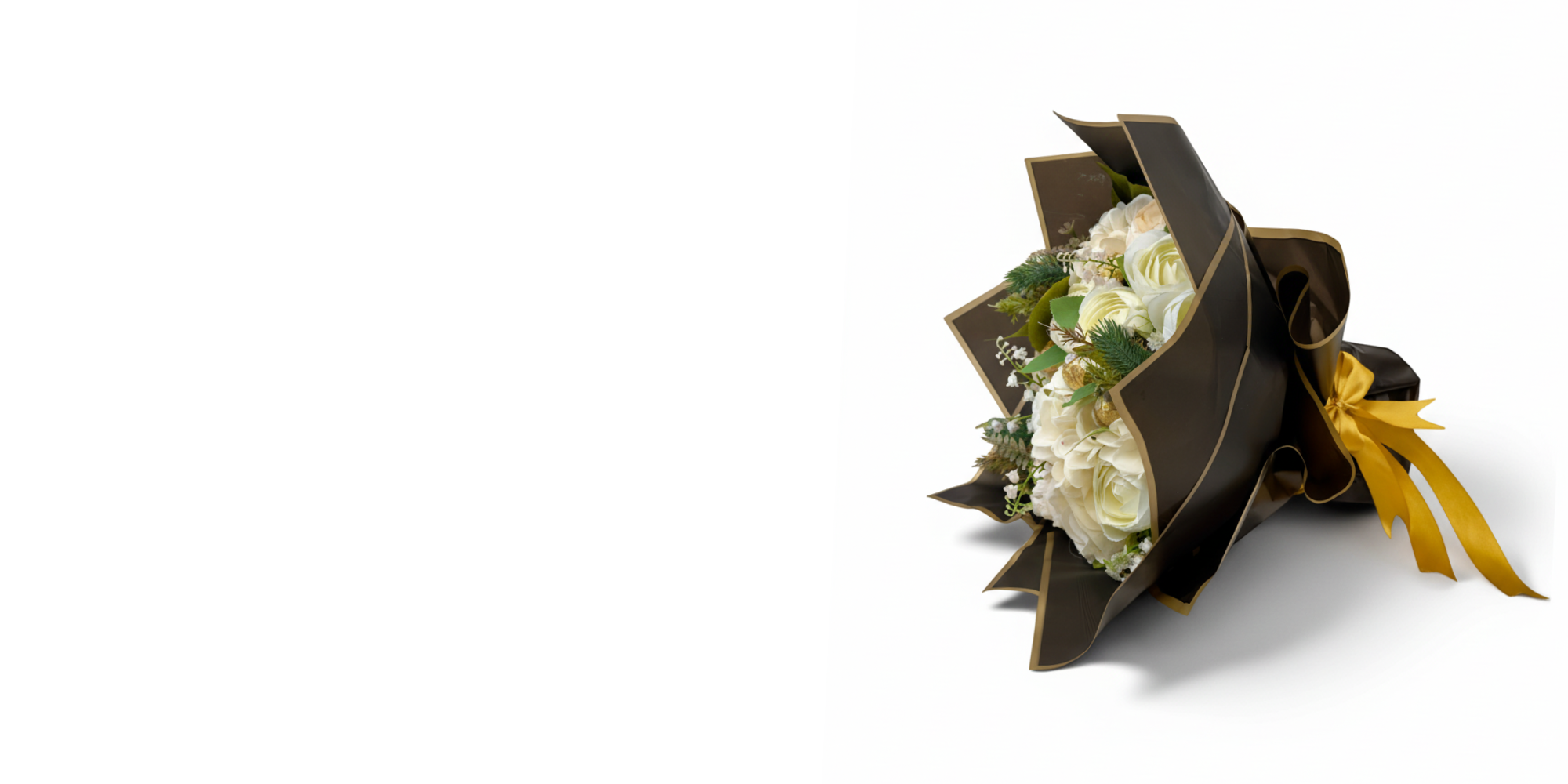 Floral arrangement in a dark container with a yellow ribbon on a white background