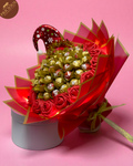 Hand-tied red & gold Christmas chocolate bouquet with Ferrero Rocher, Lindt and LED fairy lights, artificial roses.