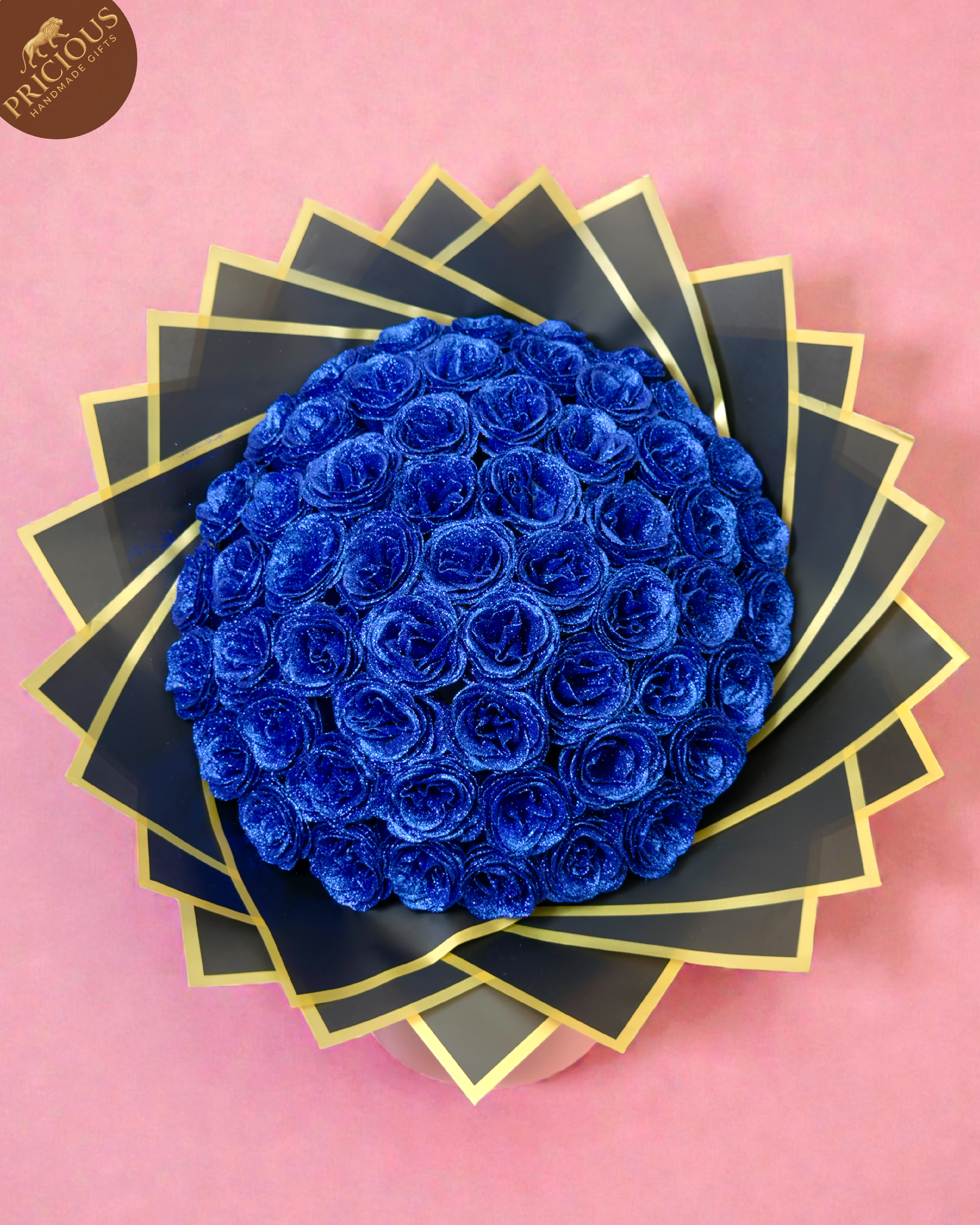 Top view of royal blue glitter roses bouquet, luxury hand-tied keepsake gift