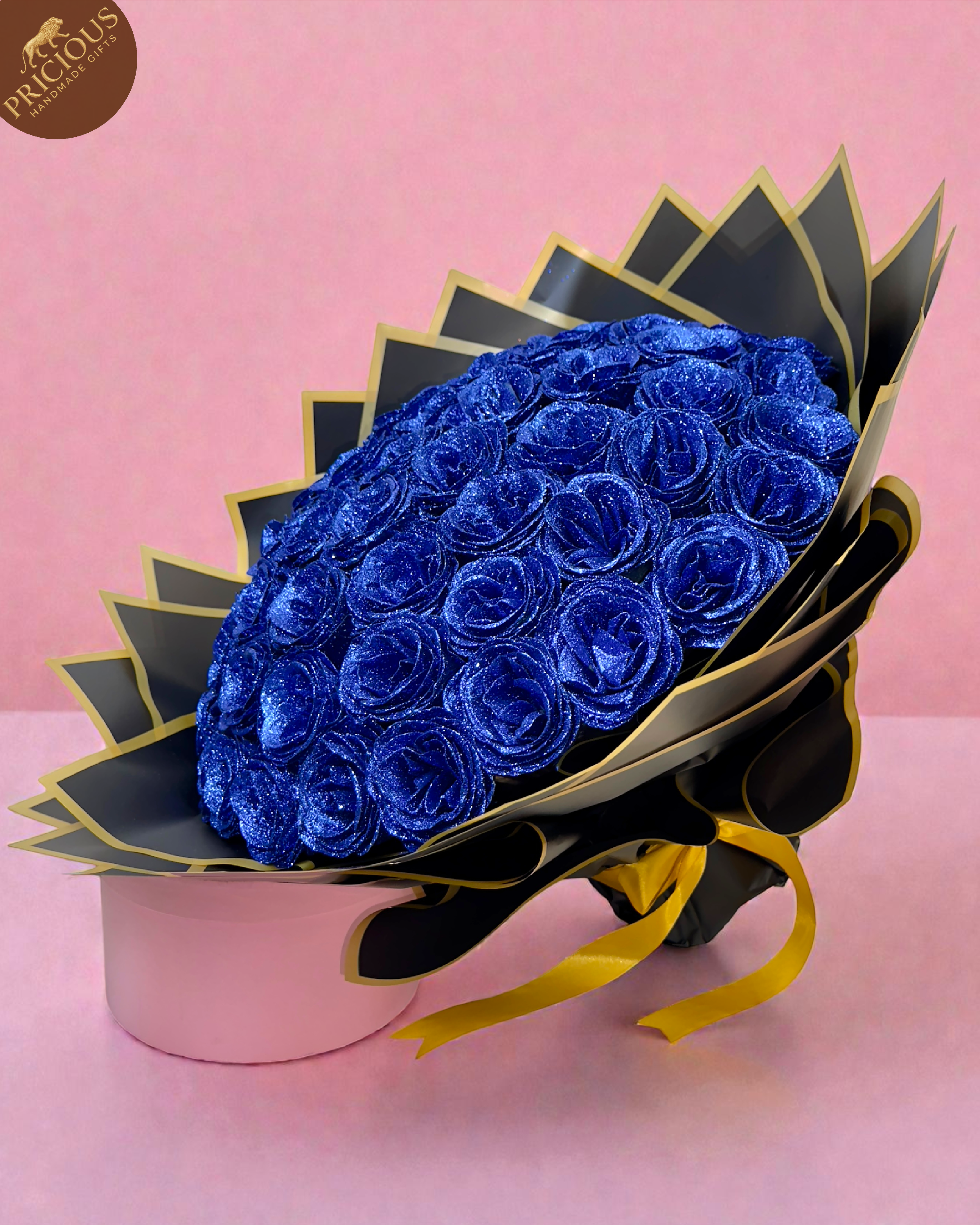 Royal blue glitter rose bouquet, premium black wrap with gold trim, Pricious Handmade Gifts