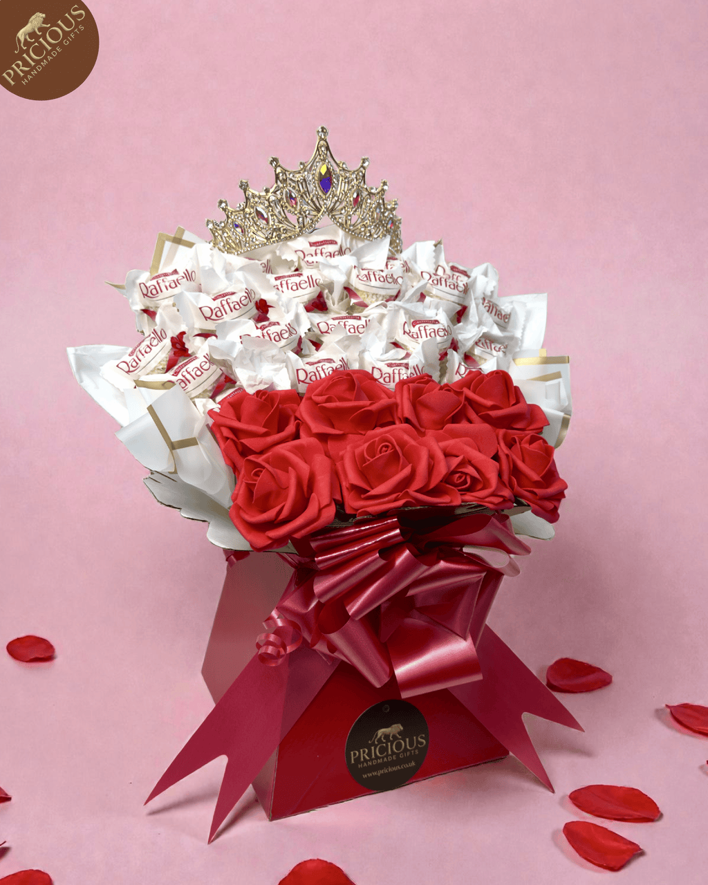 Red & white foam-rose bouquet box with Ferrero Raffaello, handmade in the UK.