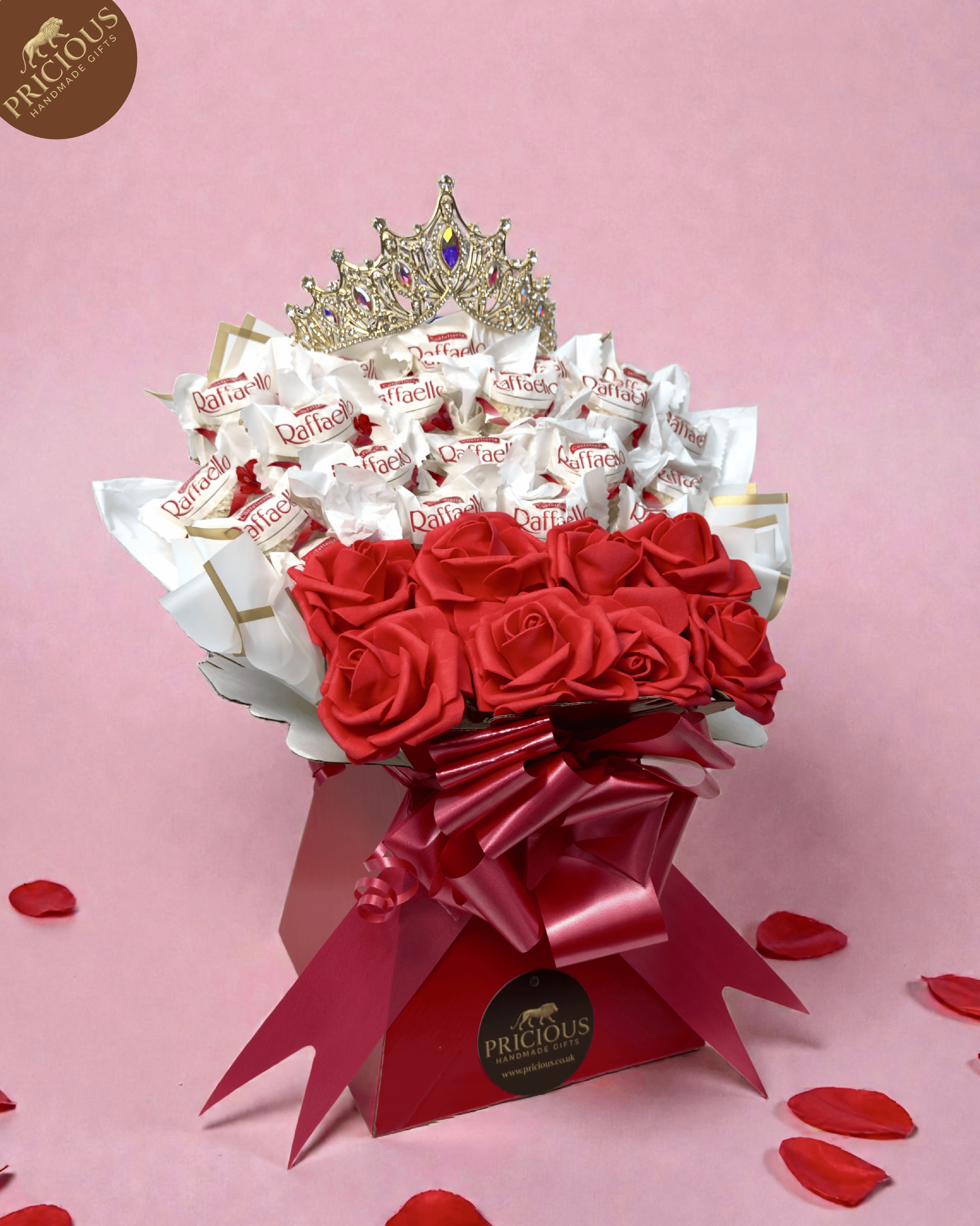 Red & white foam-rose bouquet box with Ferrero Raffaello, handmade in the UK.