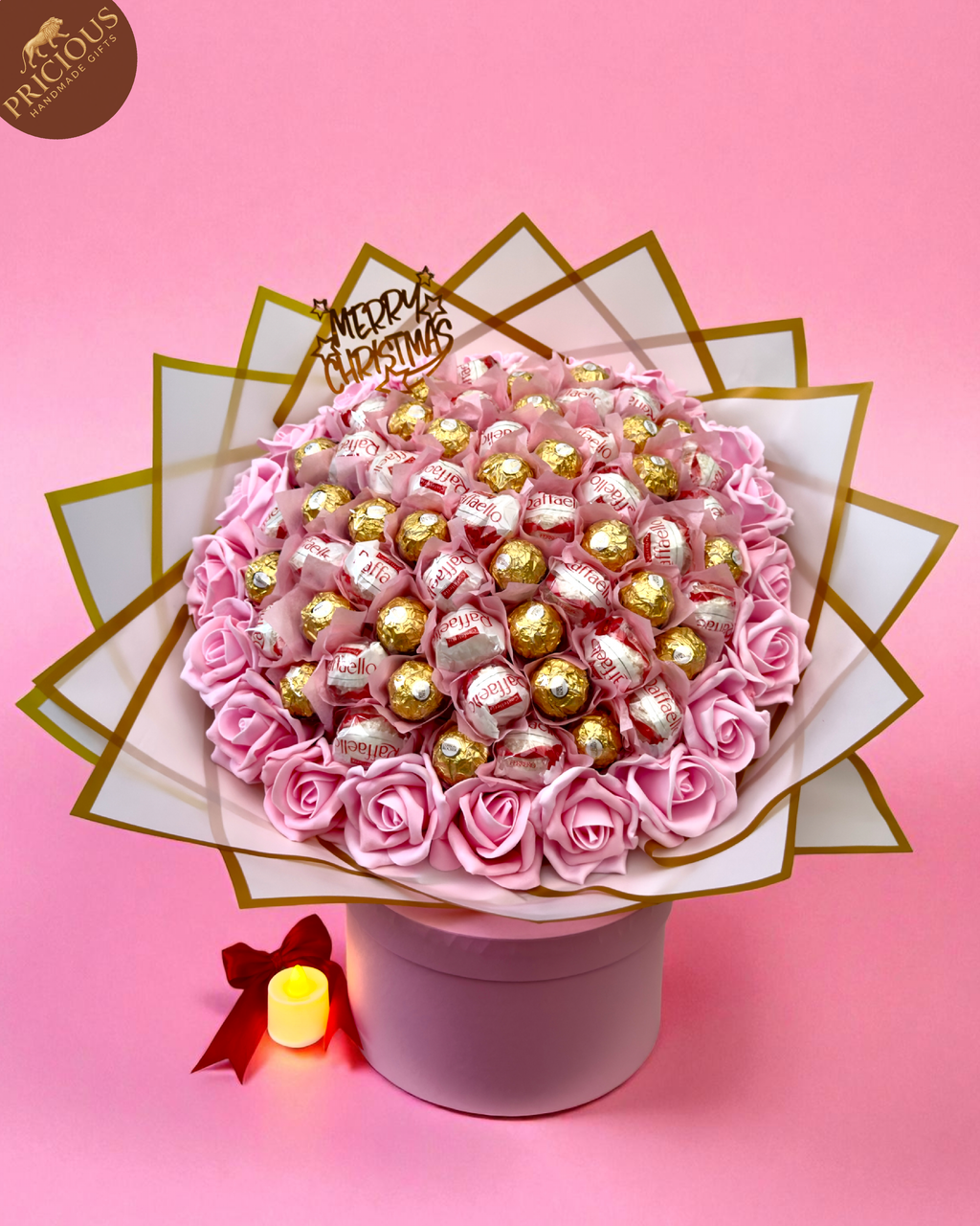 Pink & Gold wrap, handmade in the UK; festive chocolate gift bouquet.