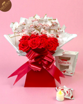 Handmade Raffaello chocolate bouquet box with red foam roses, artificial flowers.