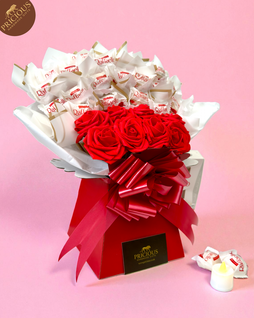 Side-view of Red & white Raffaello bouquet gift in box with ribbon, handmade UK.