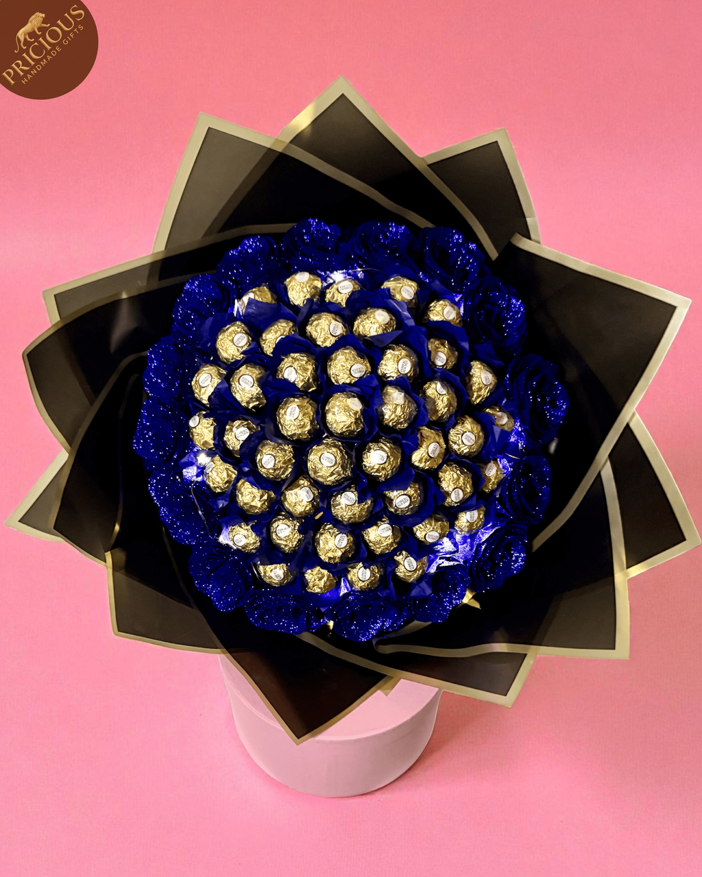 Ferrero Rocher chocolate bouquet, Blue & Gold with LED lights and artificial roses, hand-tied (top view).