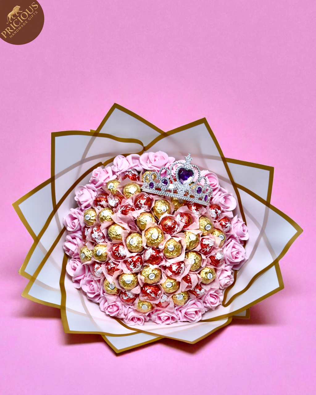 Front view of Pink Tiara Edition bouquet showing mixed truffles and blush foam roses, handmade in the UK.
