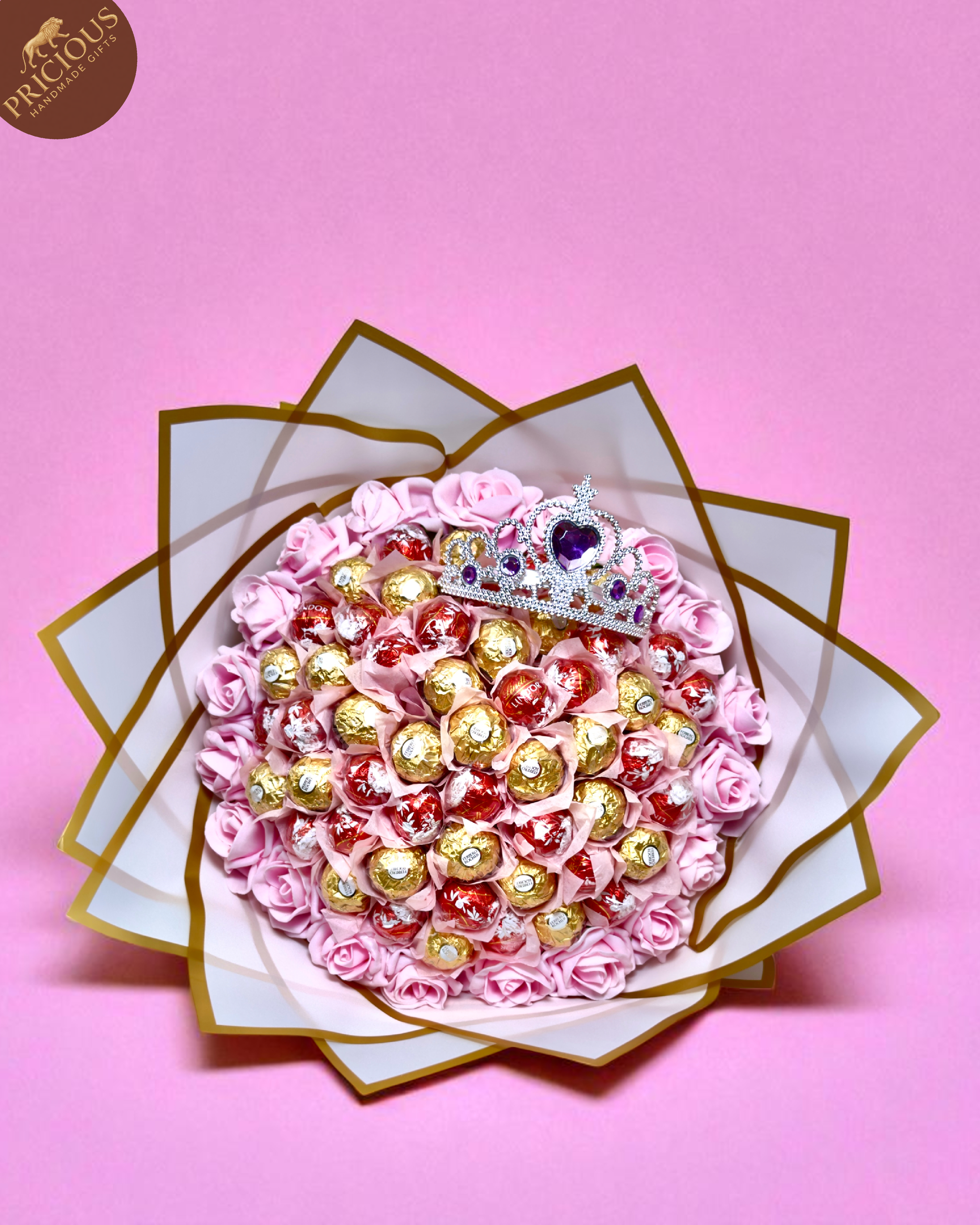 Front view of Pink Tiara Edition bouquet showing mixed truffles and blush foam roses, handmade in the UK.