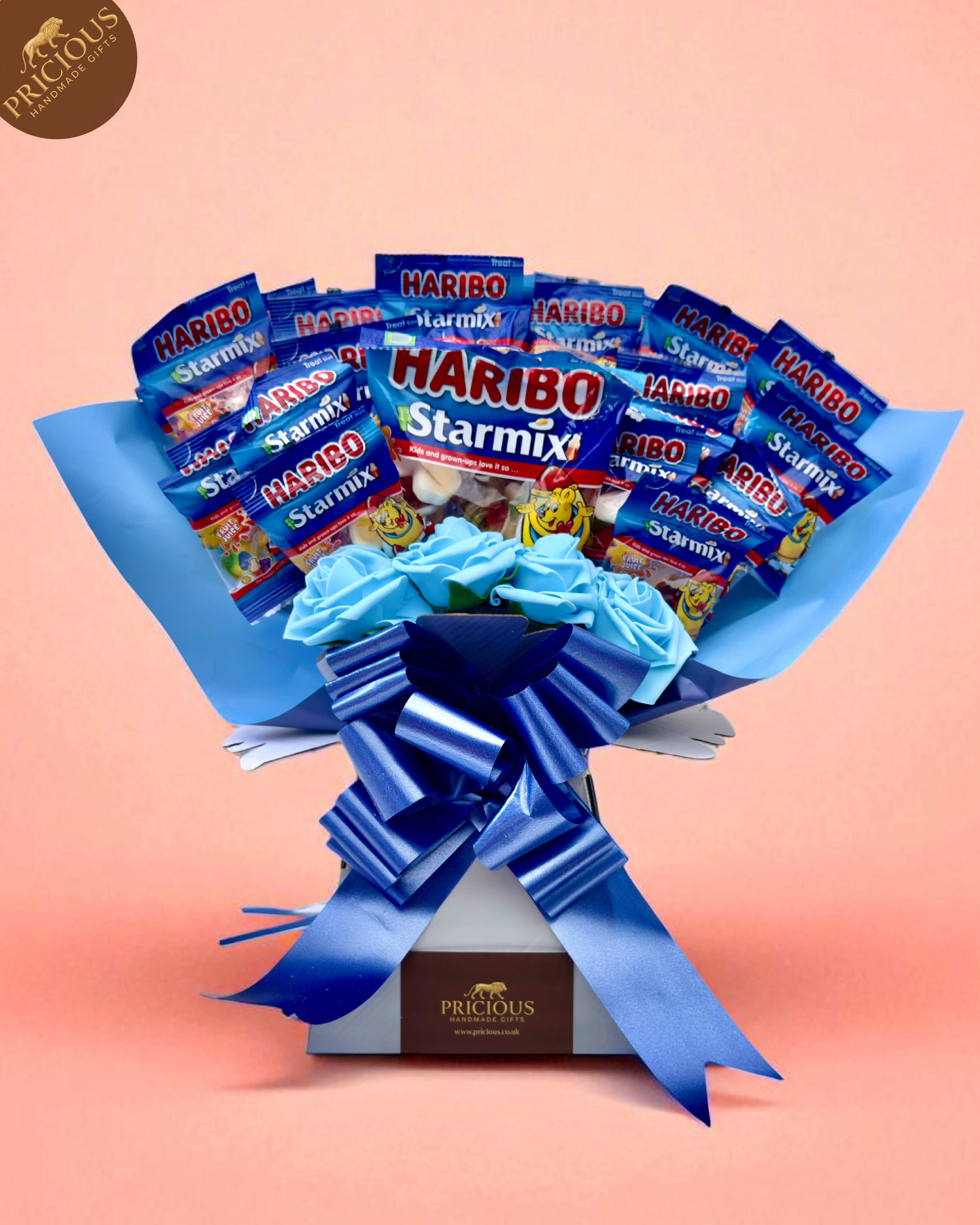 and-tied Haribo Starmix sweet bouquet with artificial roses in a presentation box.