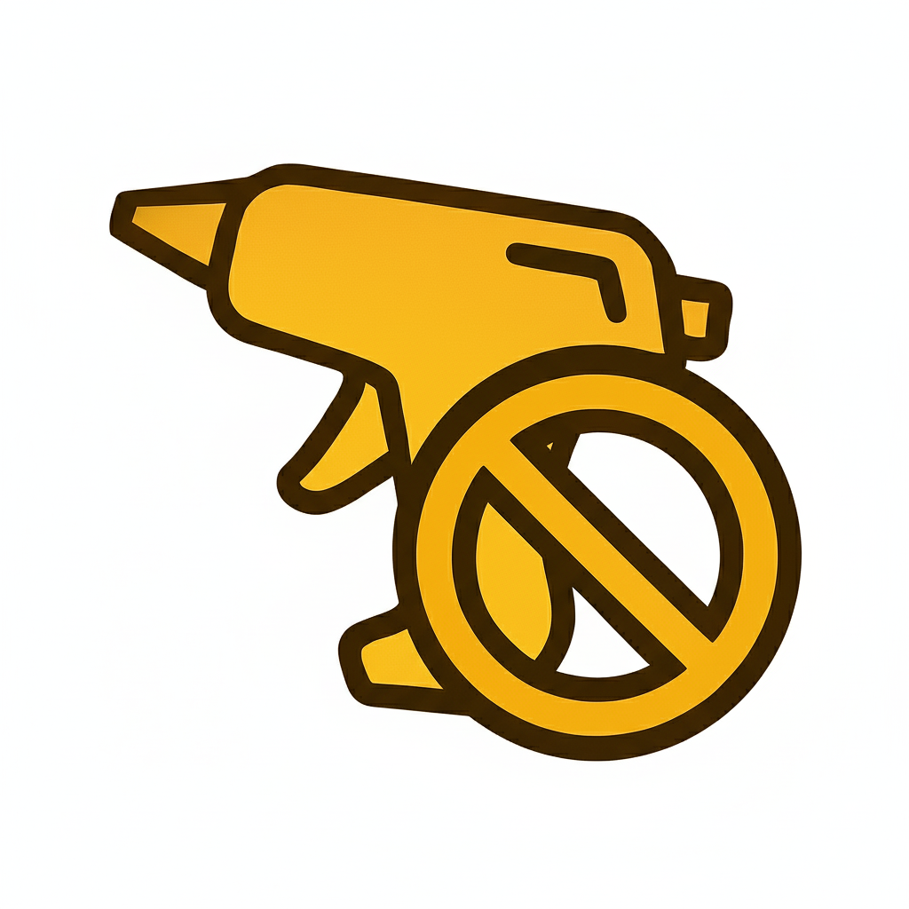 Yellow hot glue gun icon with a prohibition symbol on a white background