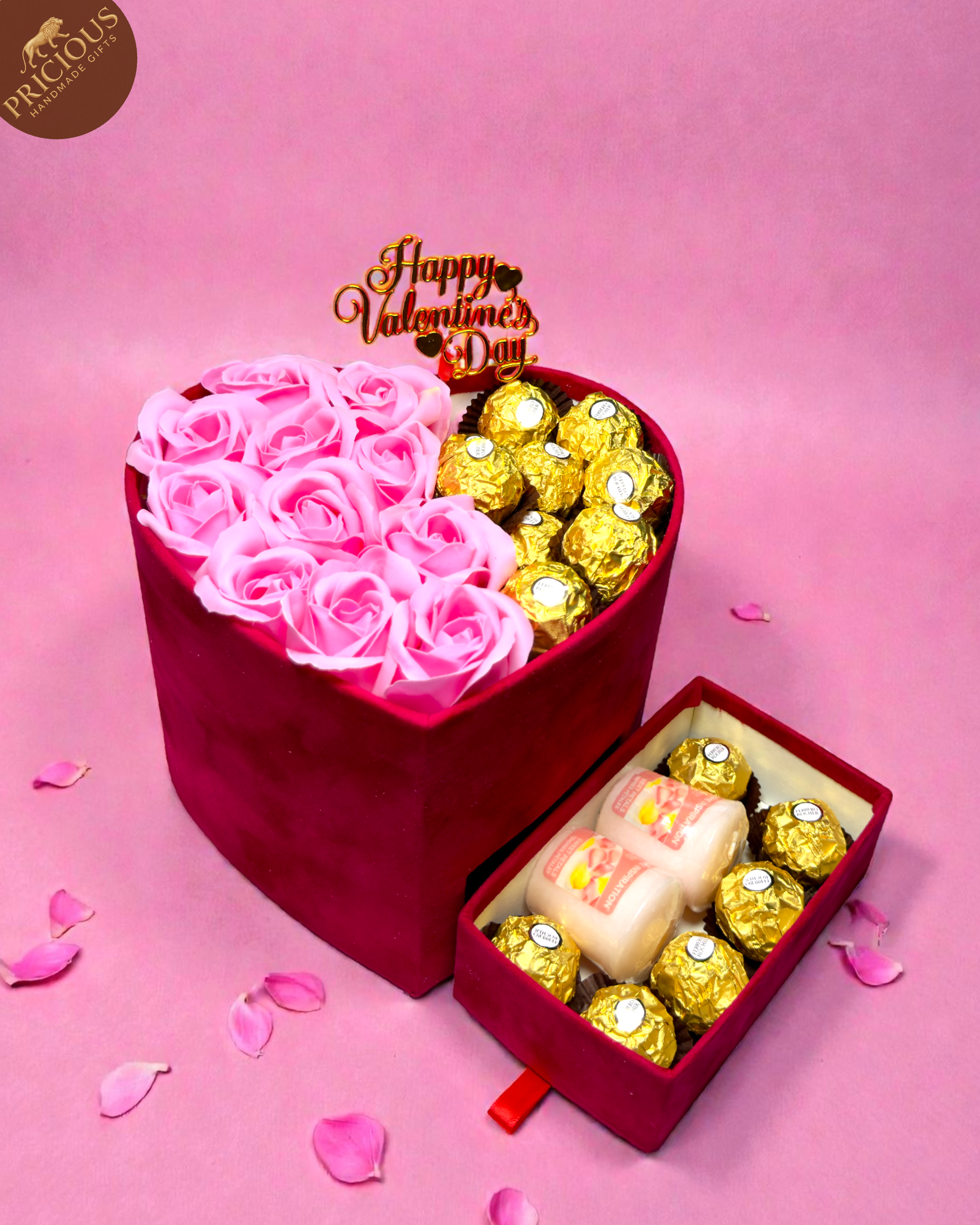 Premium Valentine’s Day heart box with soap roses, chocolates and candles