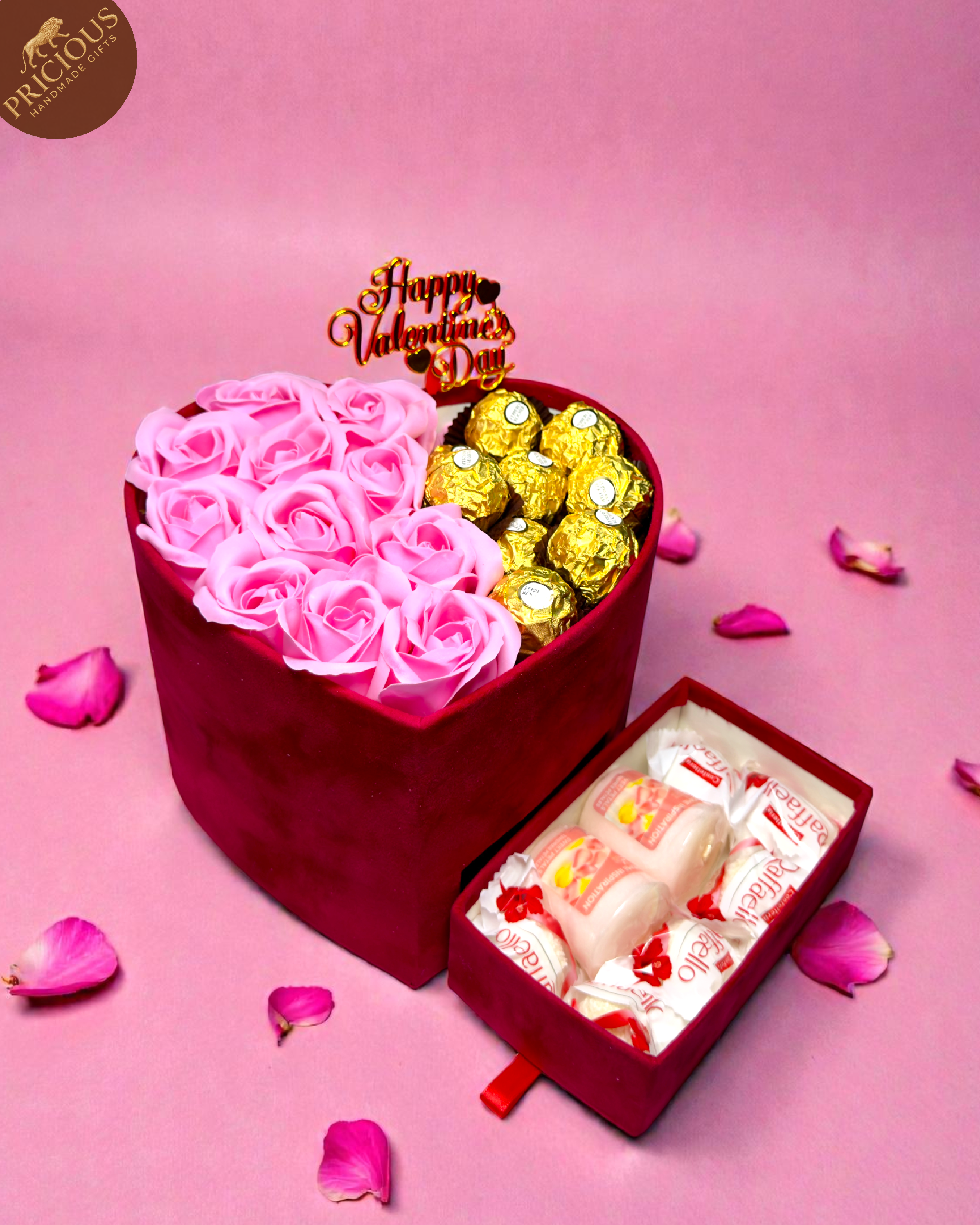 Valentine’s velvet heart box with pink scented soap roses and Ferrero Rocher chocolates