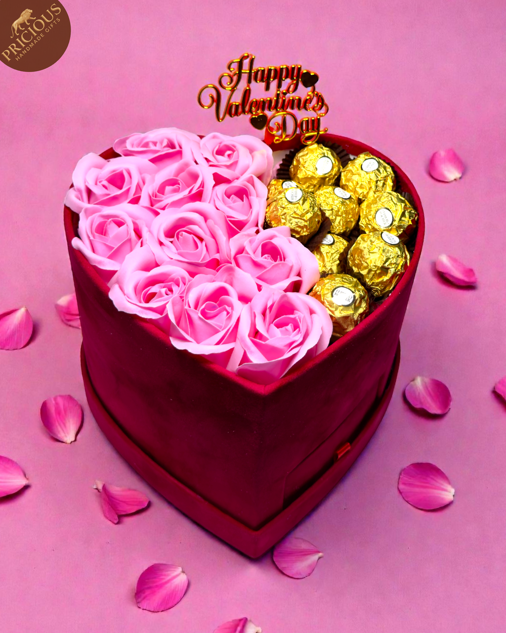 Valentine heart gift box with scented soap roses and Ferrero Rocher chocolates