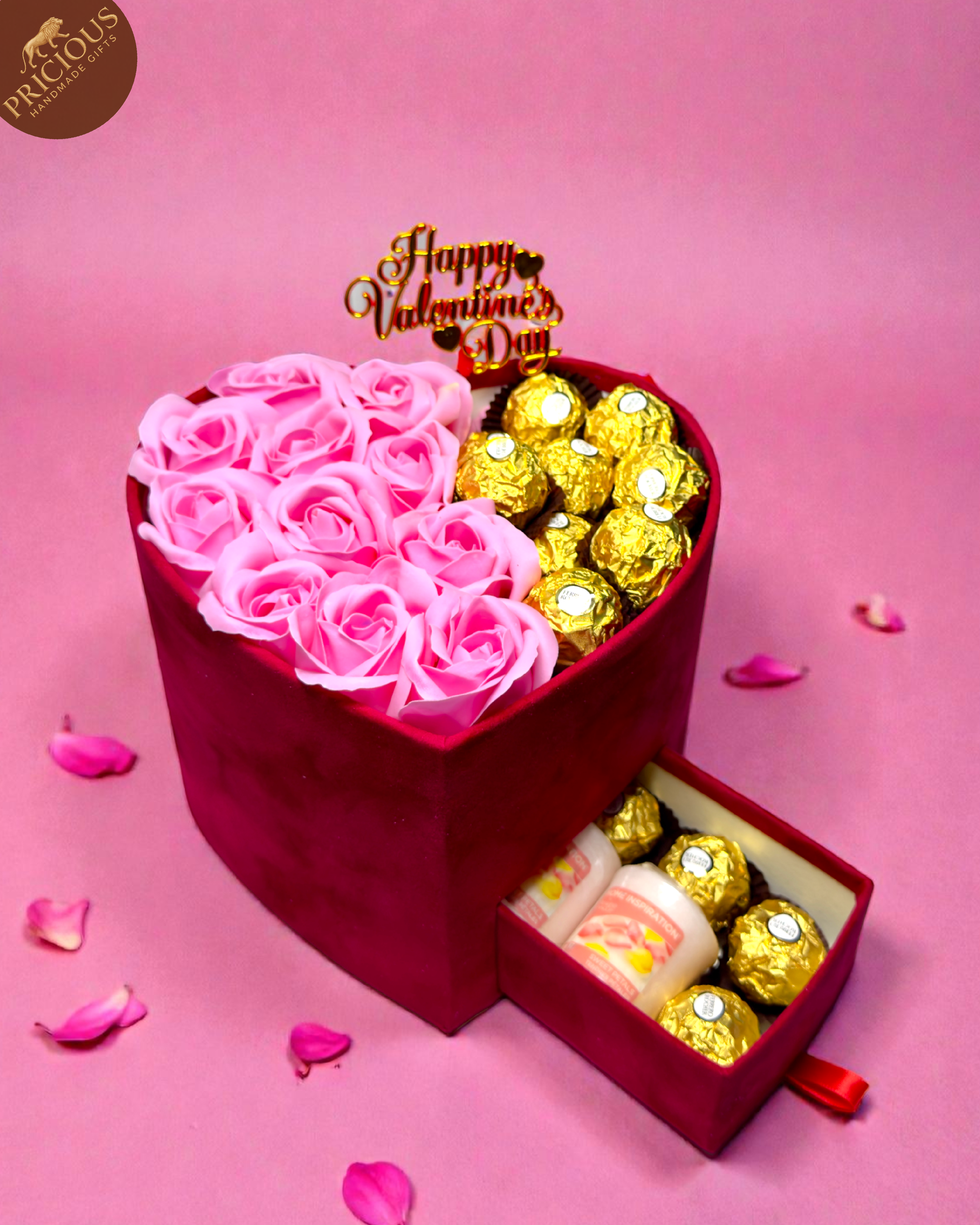 Luxury heart box gift with secret drawer, Ferrero Rocher and Yankee candles