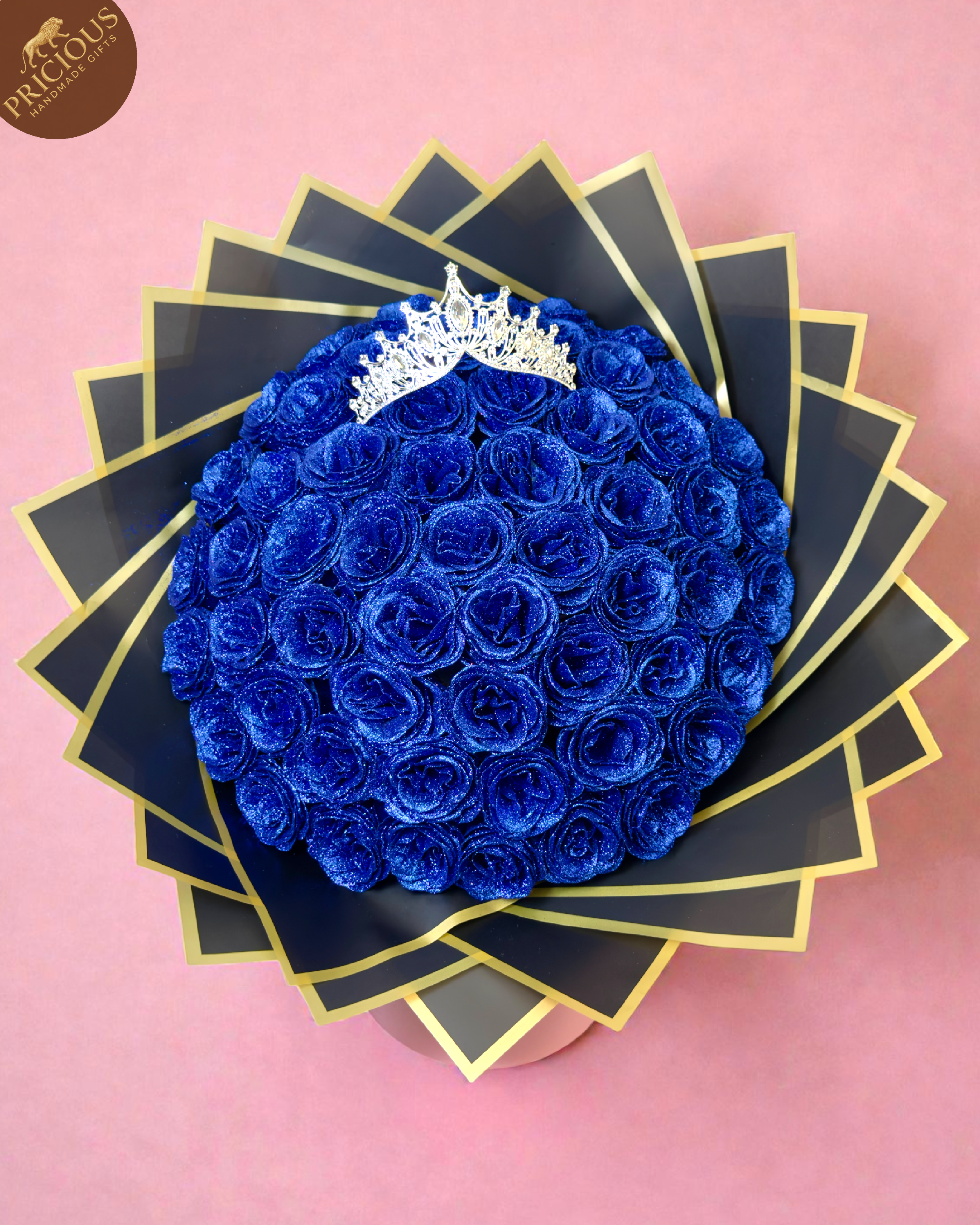 Top view blue glitter roses bouquet with tiara crown – luxury keepsake gift UK