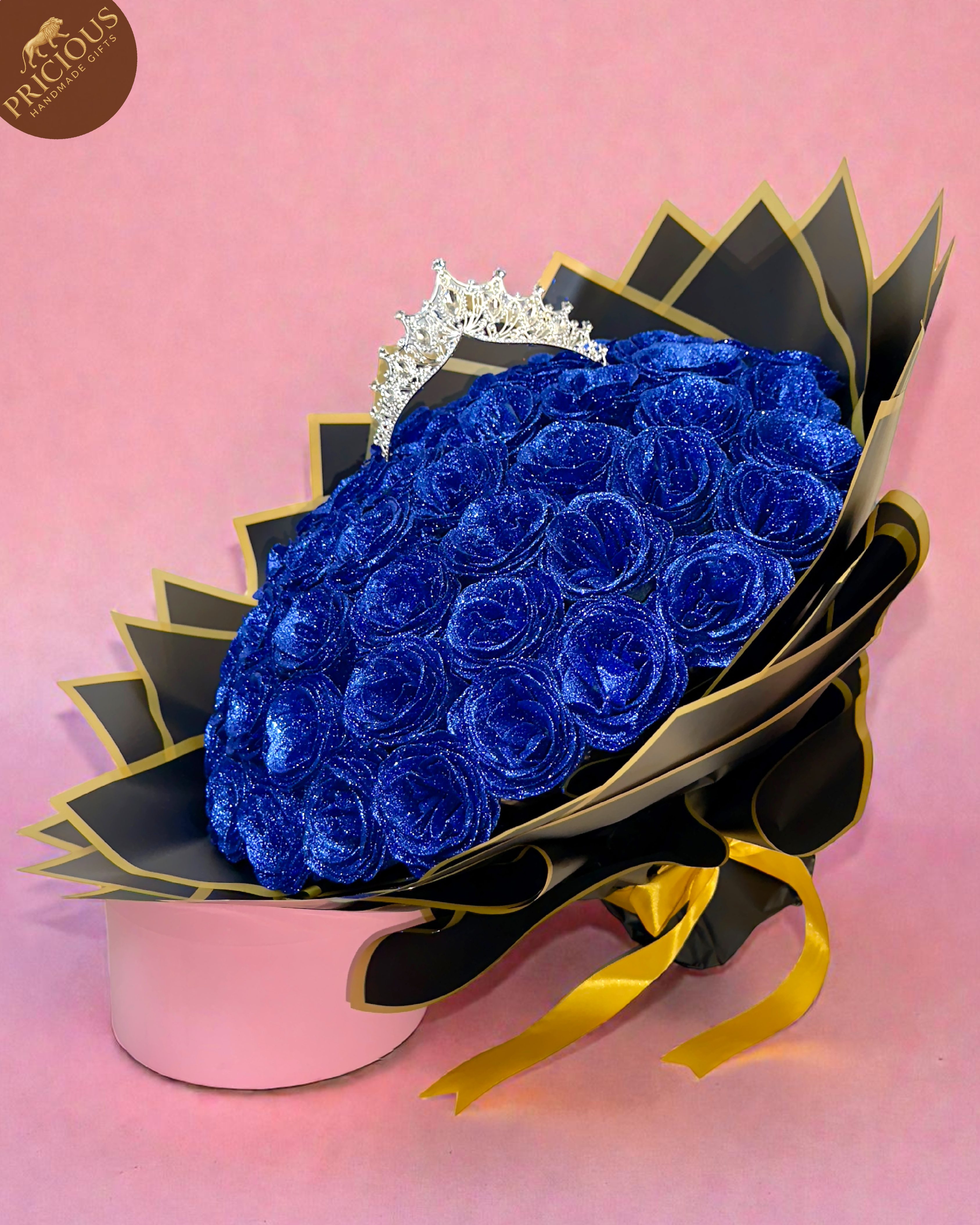 Royal blue glitter rose bouquet with tiara crown – black and gold wrap – Pricious Handmade Gifts