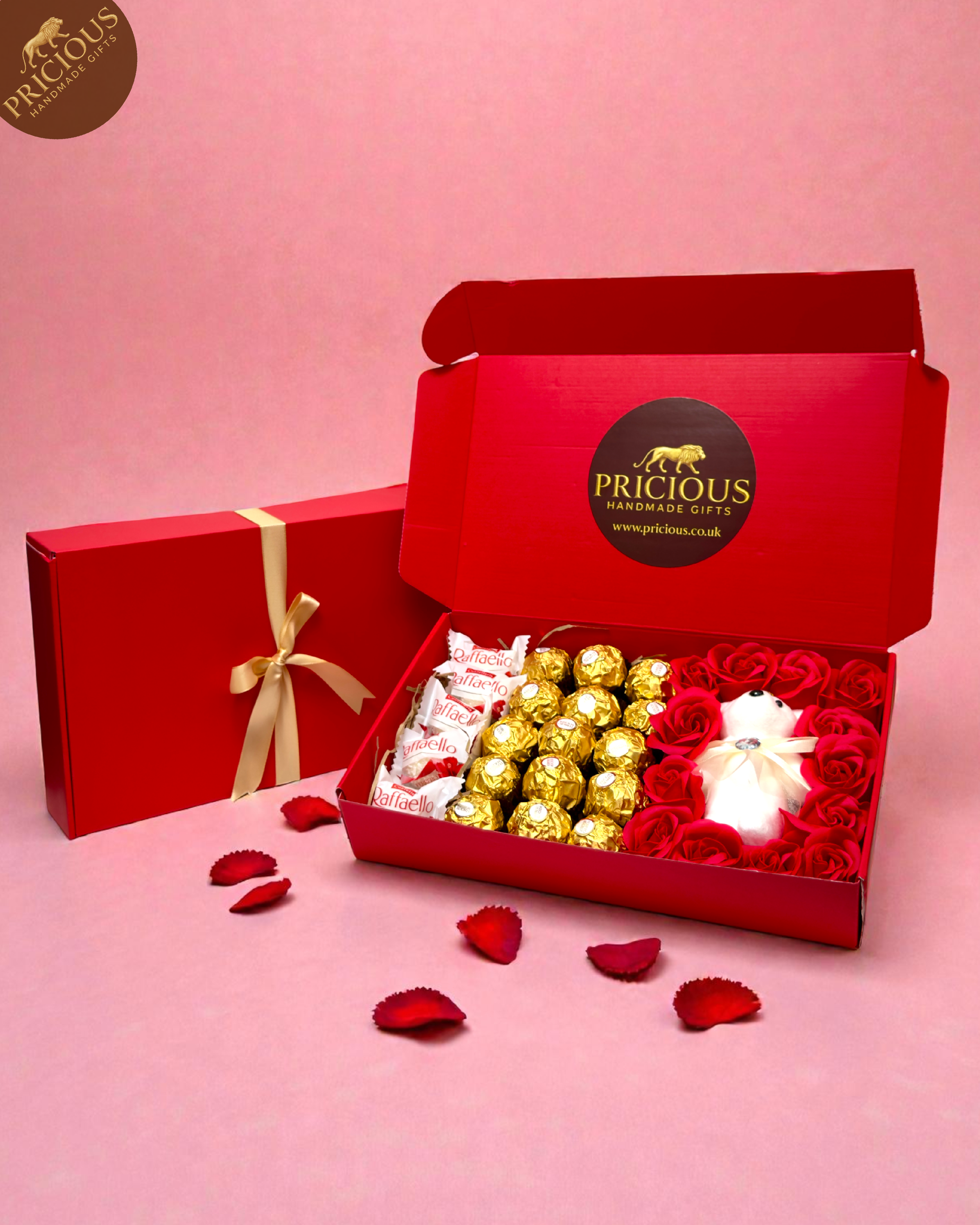 Luxury letterbox chocolate gift box with Ferrero Rocher, Raffaello, scented soap roses and teddy