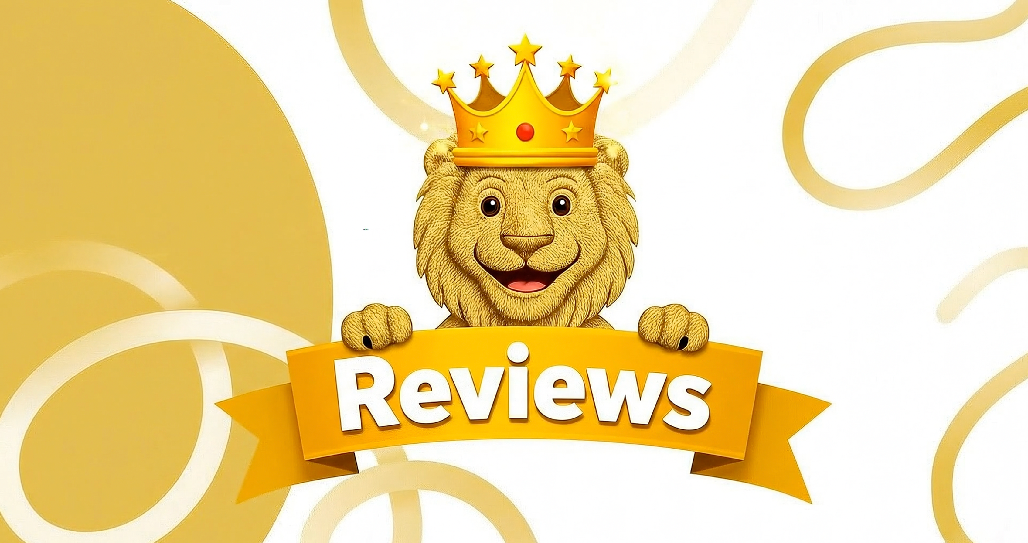 Cartoon lion with a crown holding a 'Reviews' sign on a white background