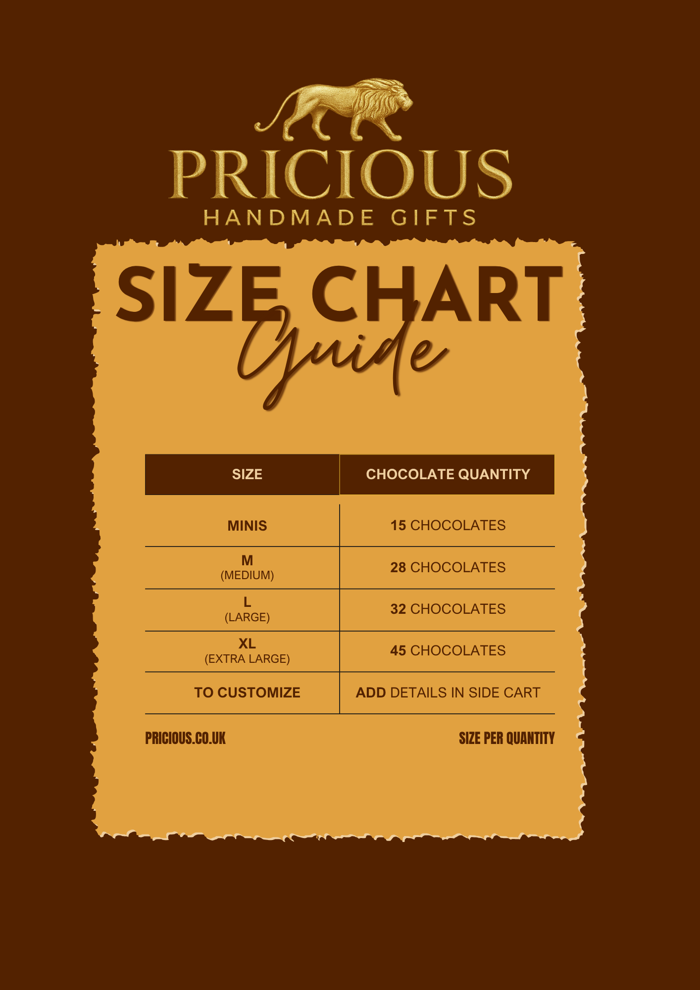 Size chart for chocolates on a brown background with 'Pricious' branding.