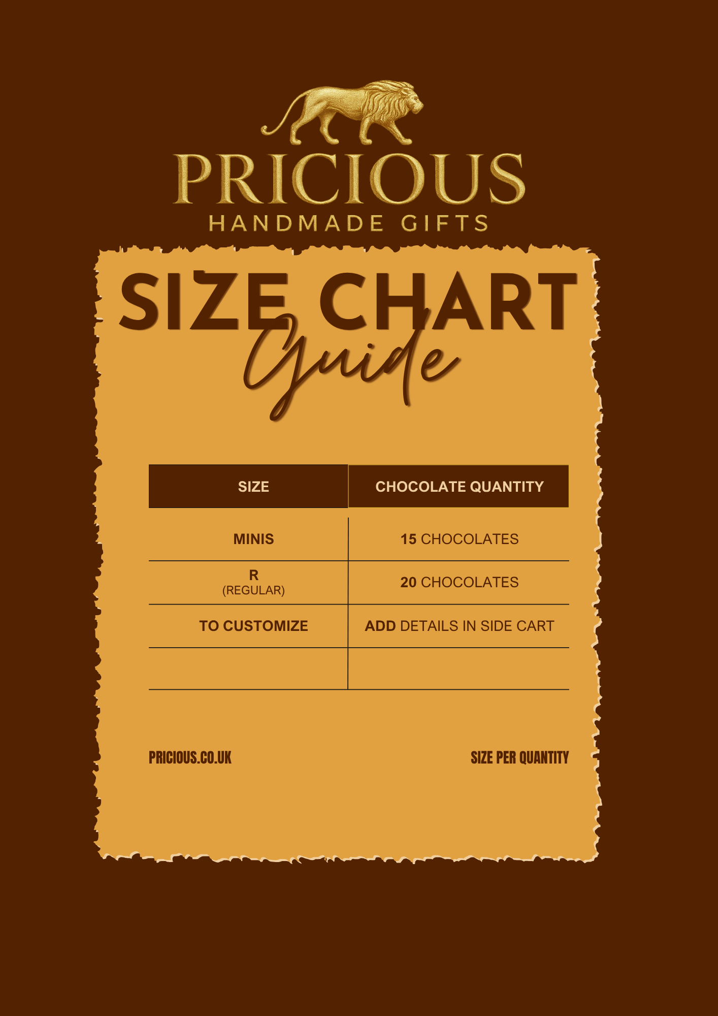 Size chart guide for Pricious handmade gifts on a brown background