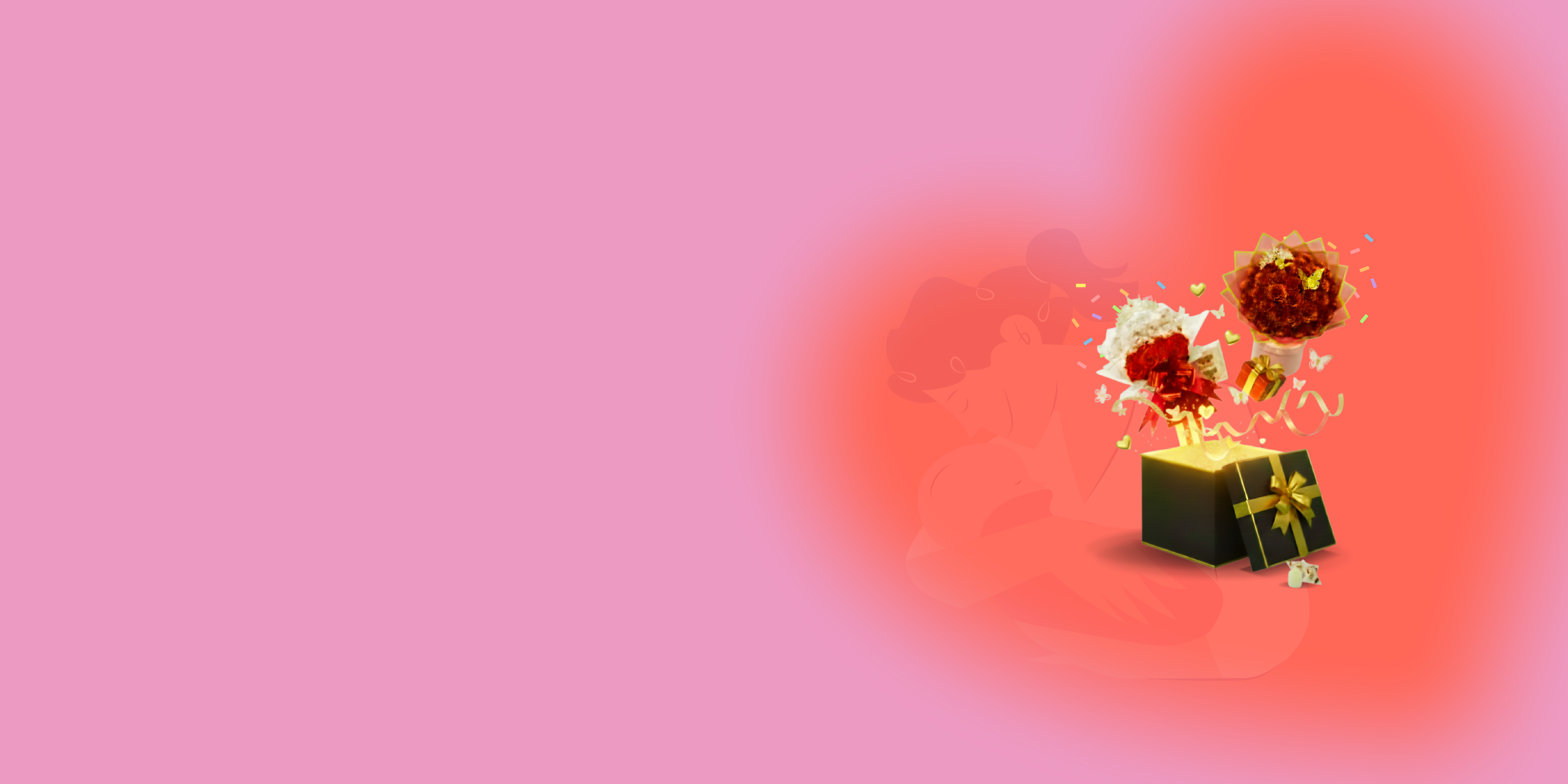 Gift box with flowers on a pink and red gradient background