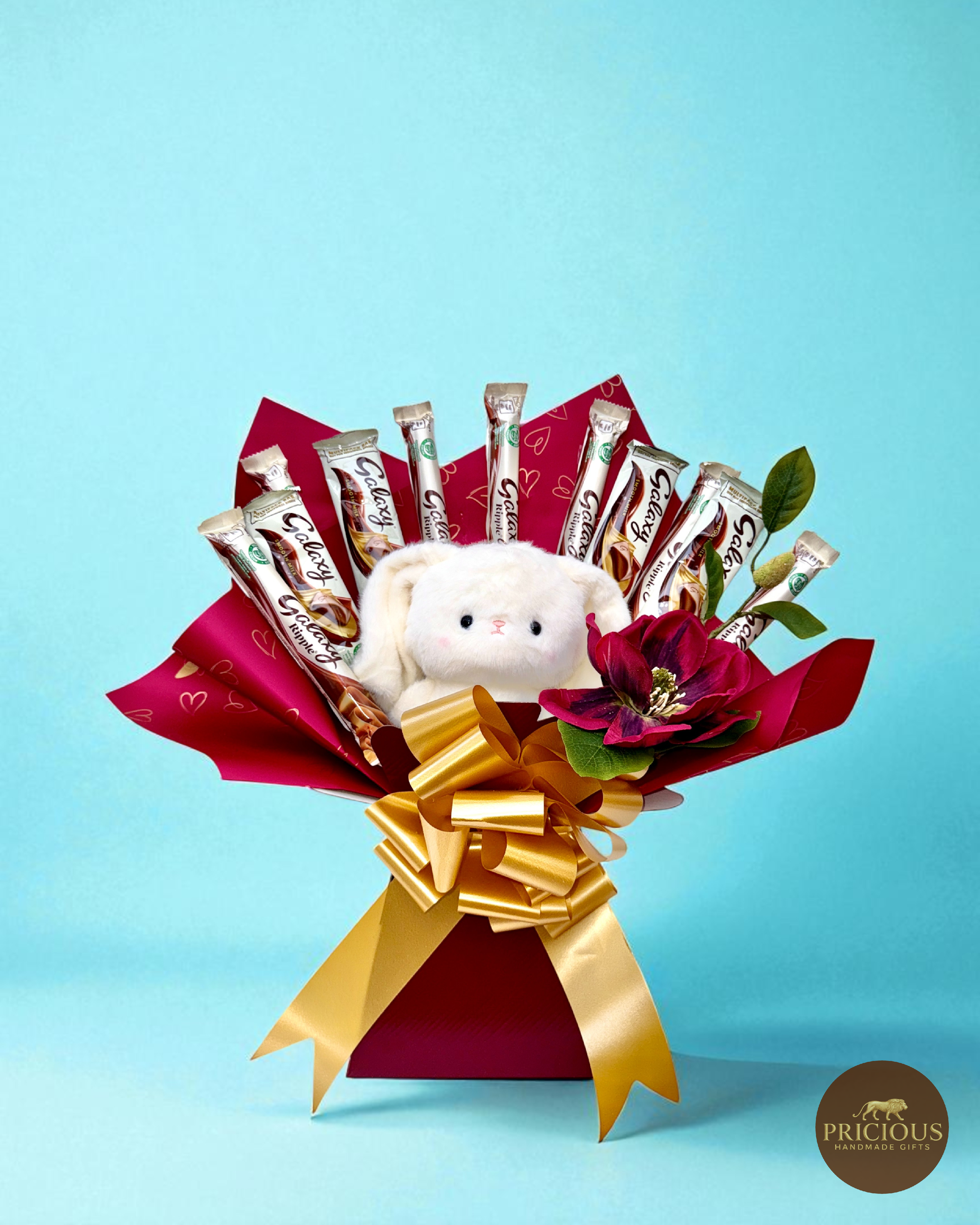 Galaxy baby boy teddy chocolate bouquet in burgundy and gold with silk flower