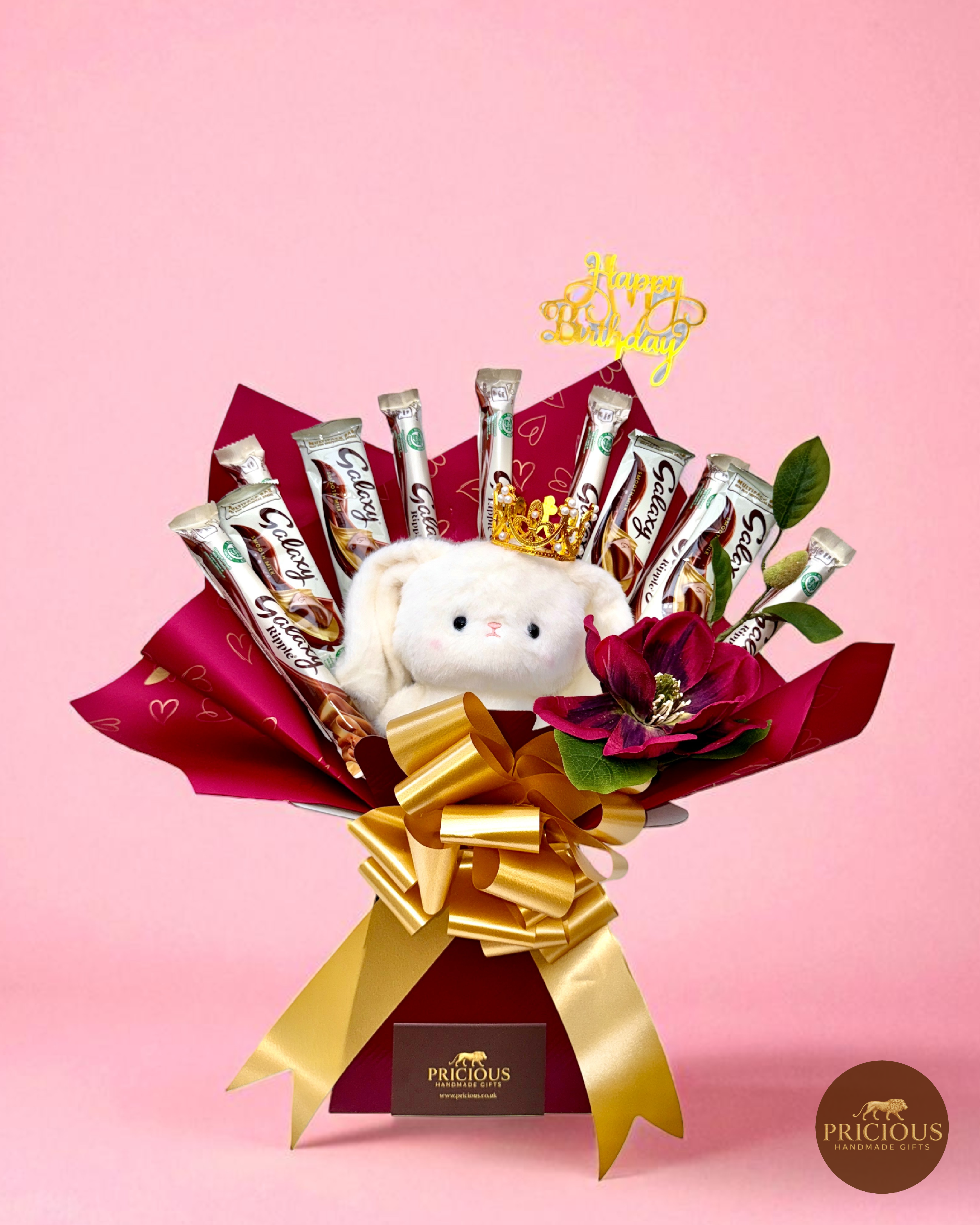 Galaxy baby girl teddy chocolate bouquet in burgundy and gold with silk flower
