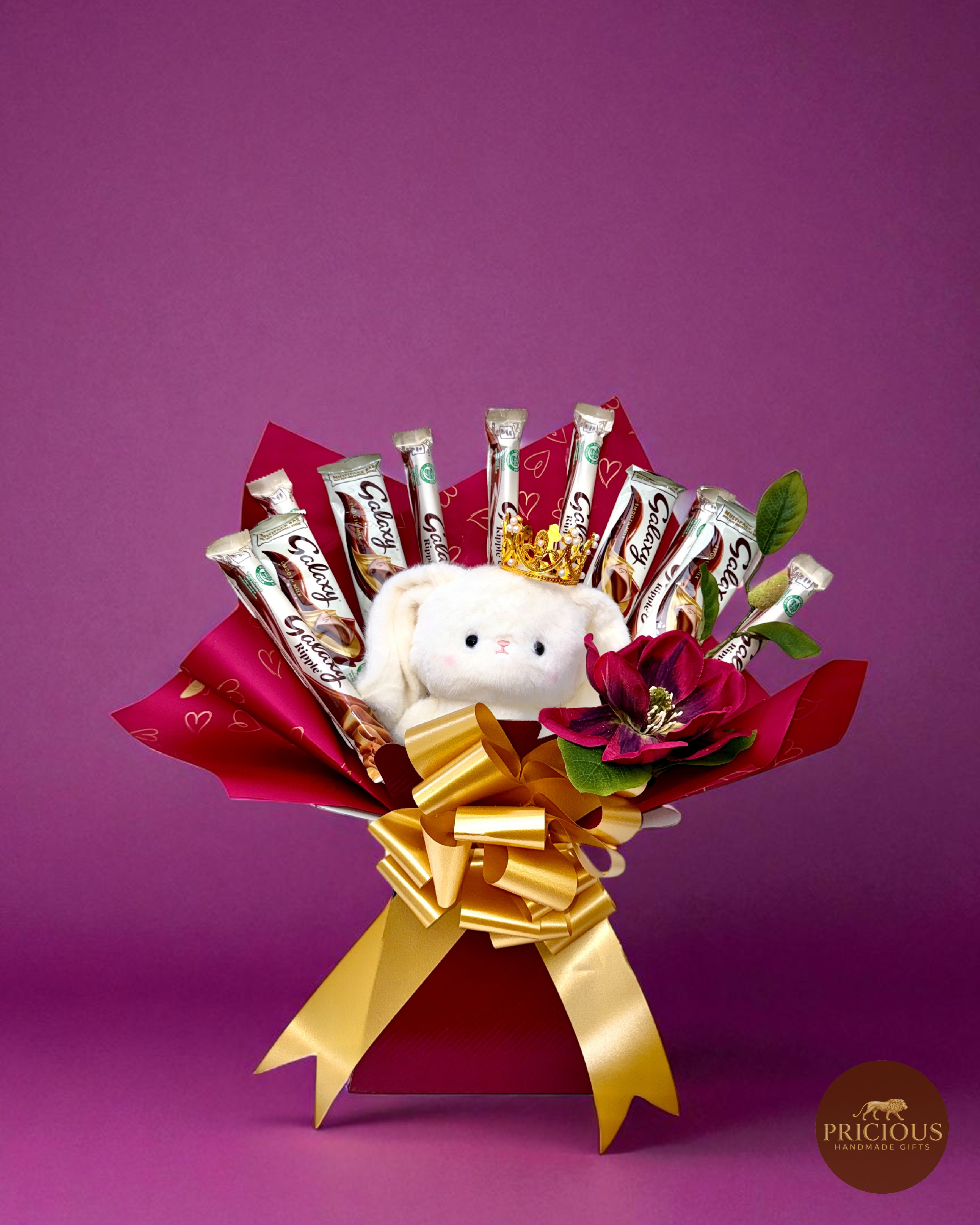Galaxy teddy chocolate bouquet with gold crown in burgundy and gold”