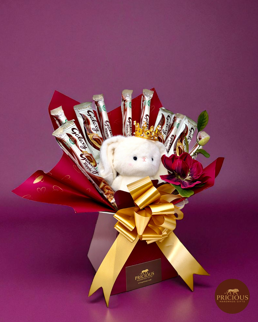 Side view of Galaxy chocolate bouquet with plush teddy