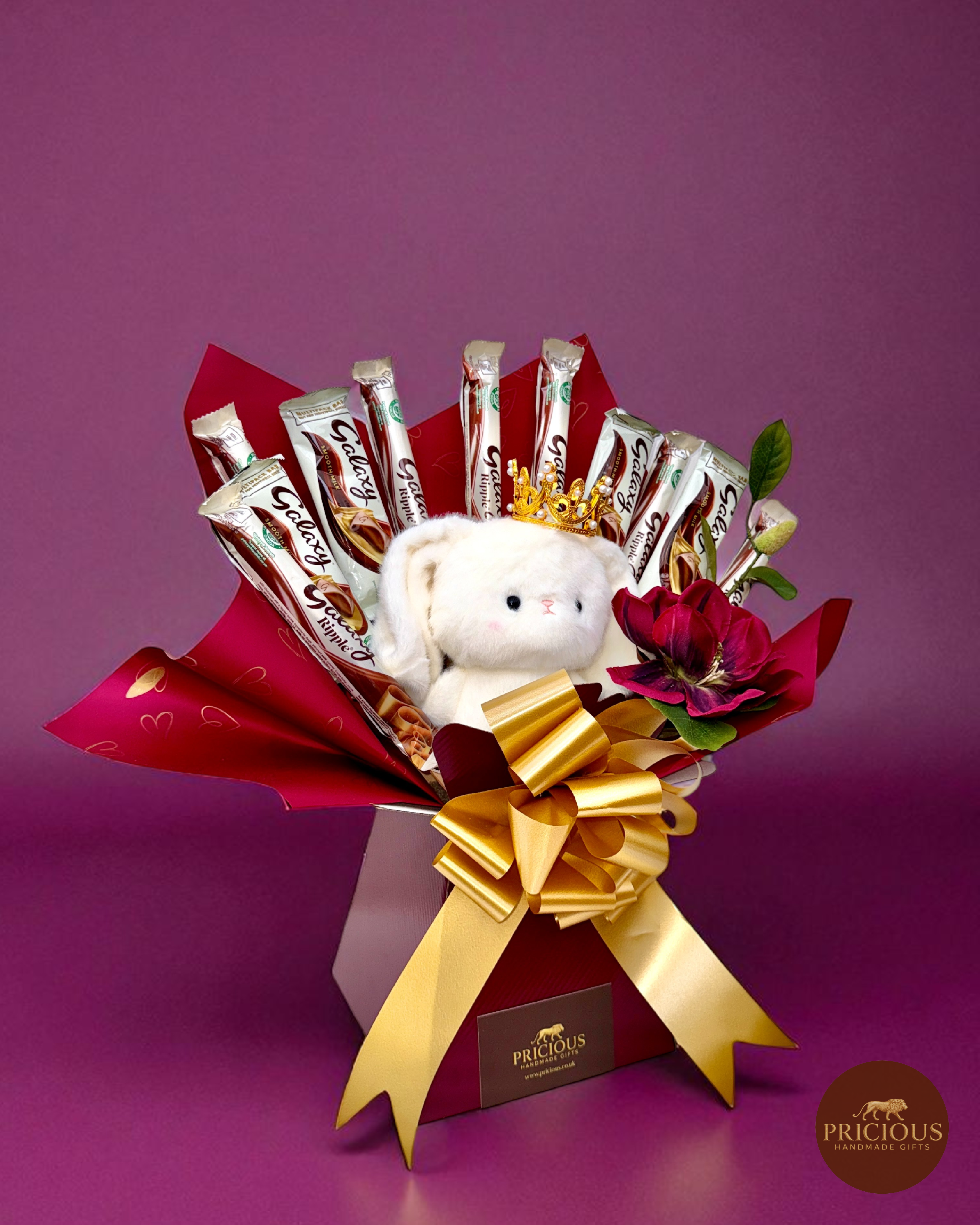 Side view of Galaxy chocolate bouquet with plush teddy