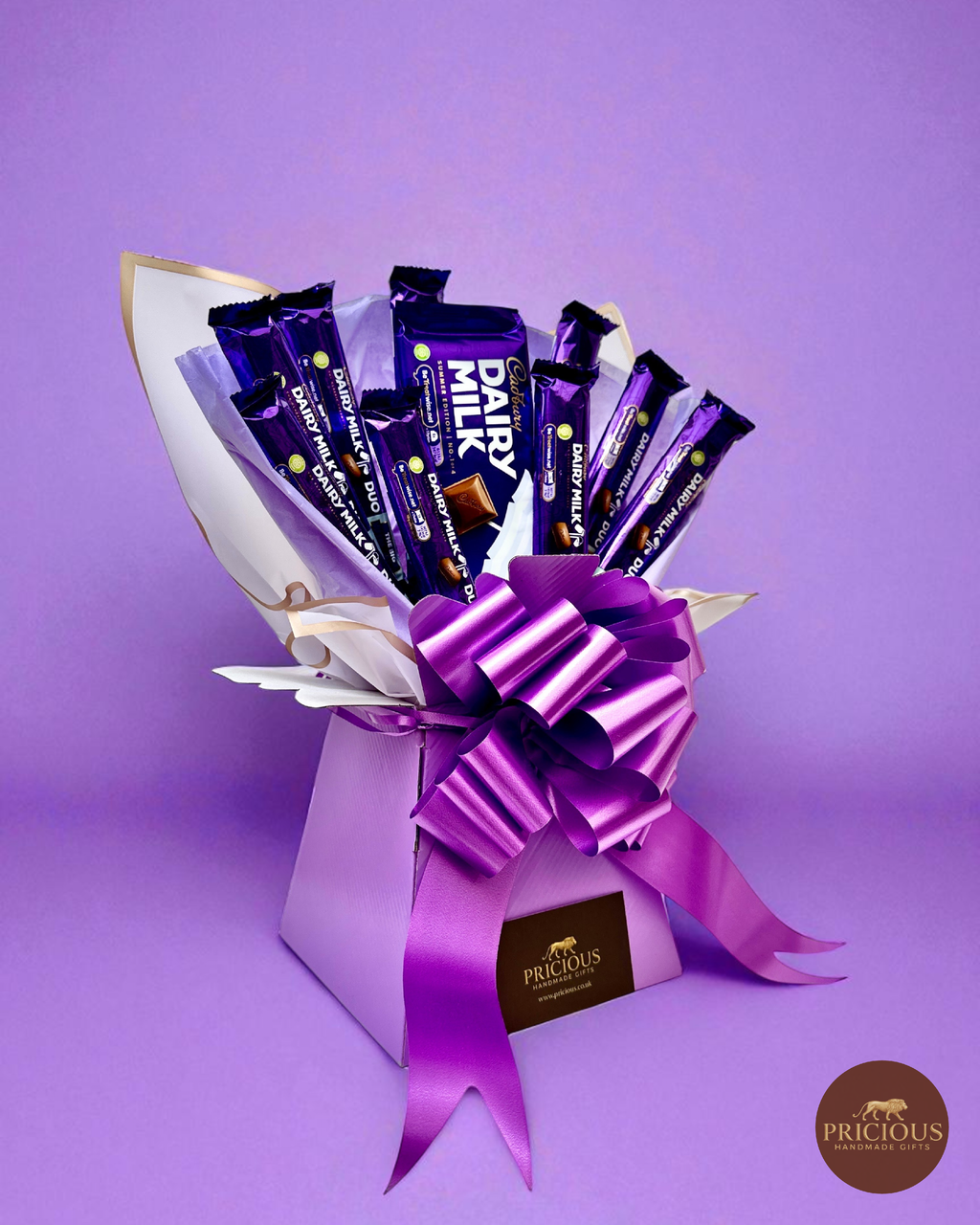 Side view Cadbury Dairy Milk chocolate gift bouquet (purple)