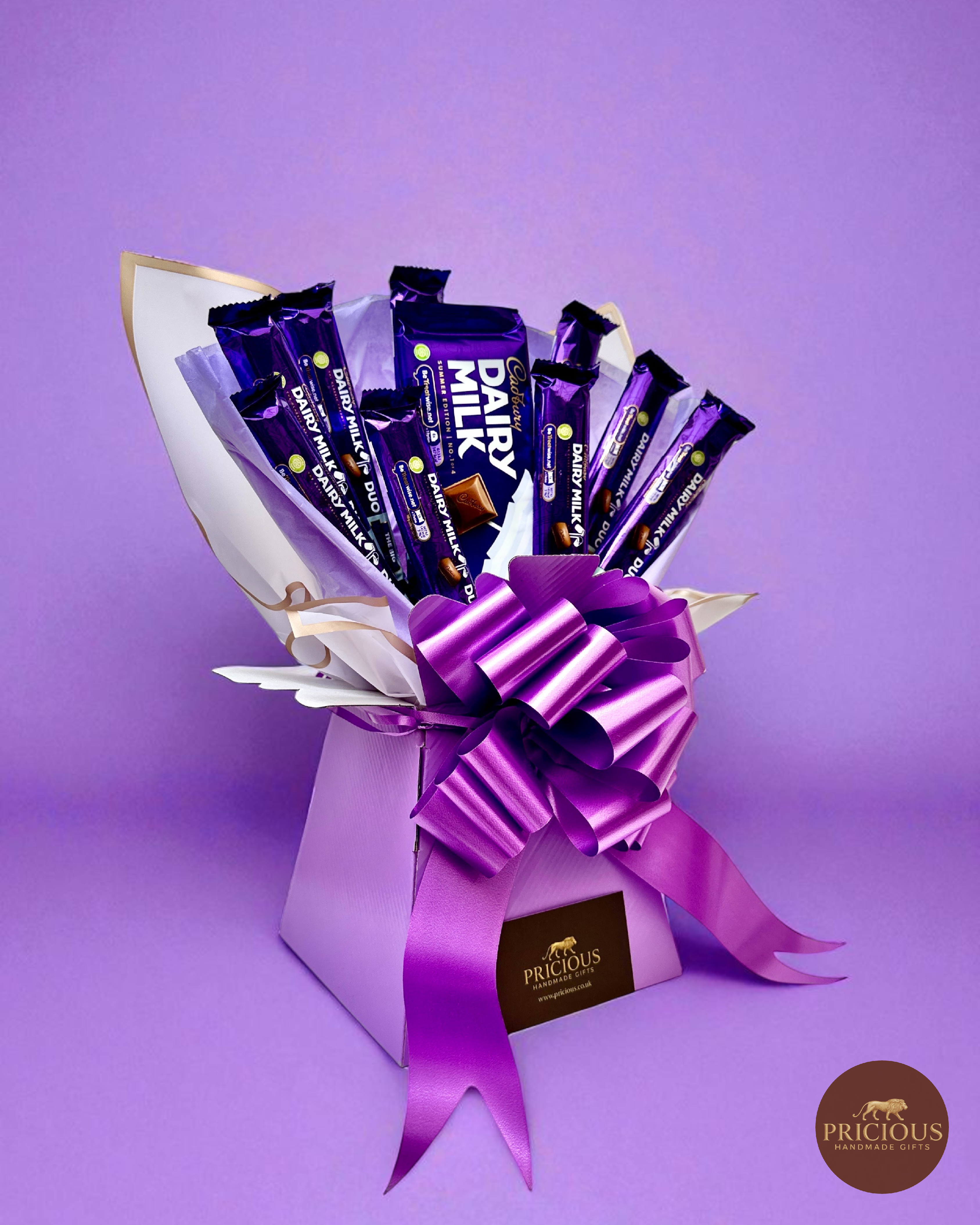 Side view Cadbury Dairy Milk chocolate gift bouquet (purple)