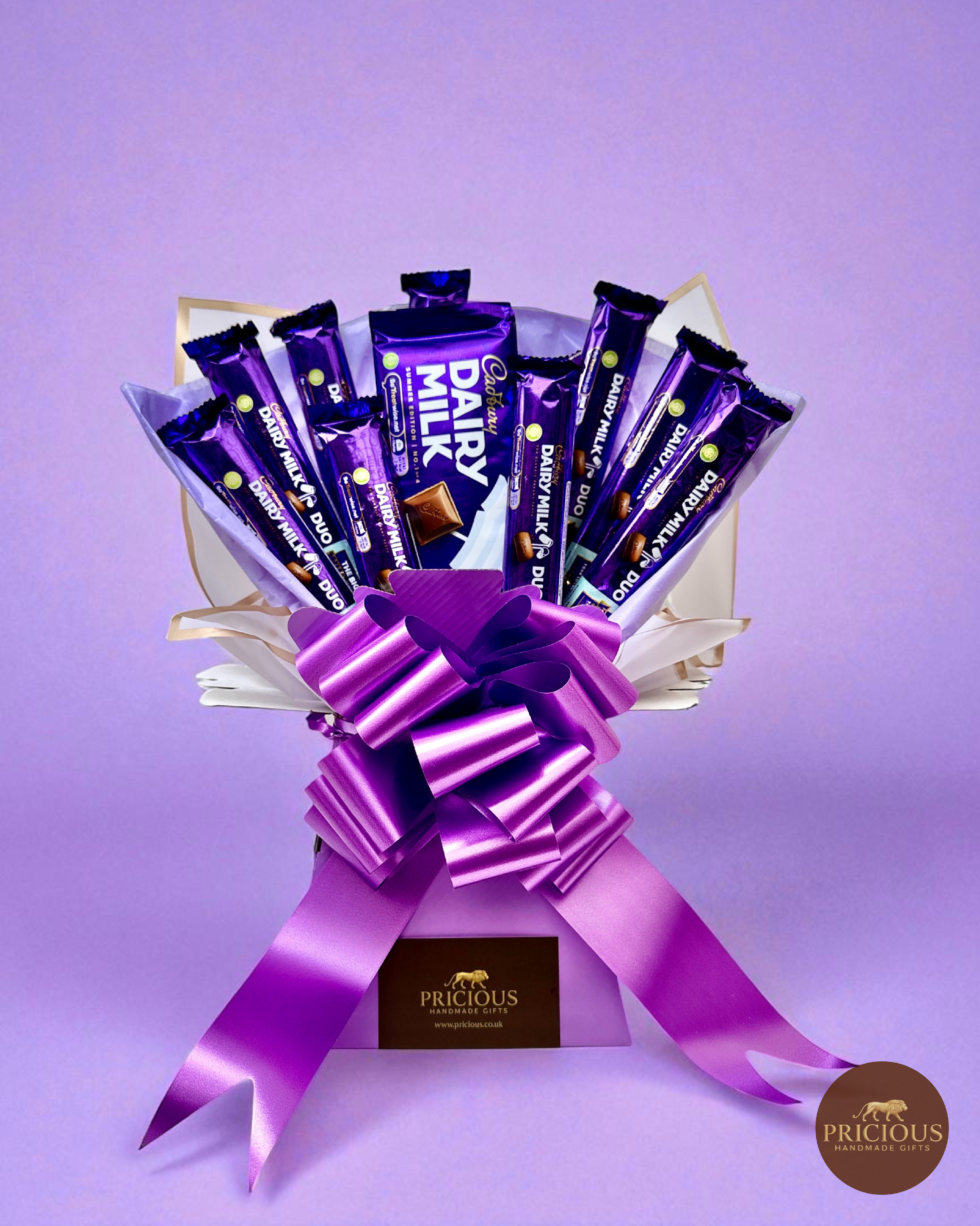 Front view of Cadbury Dairy Milk bouquet with ivory wrap