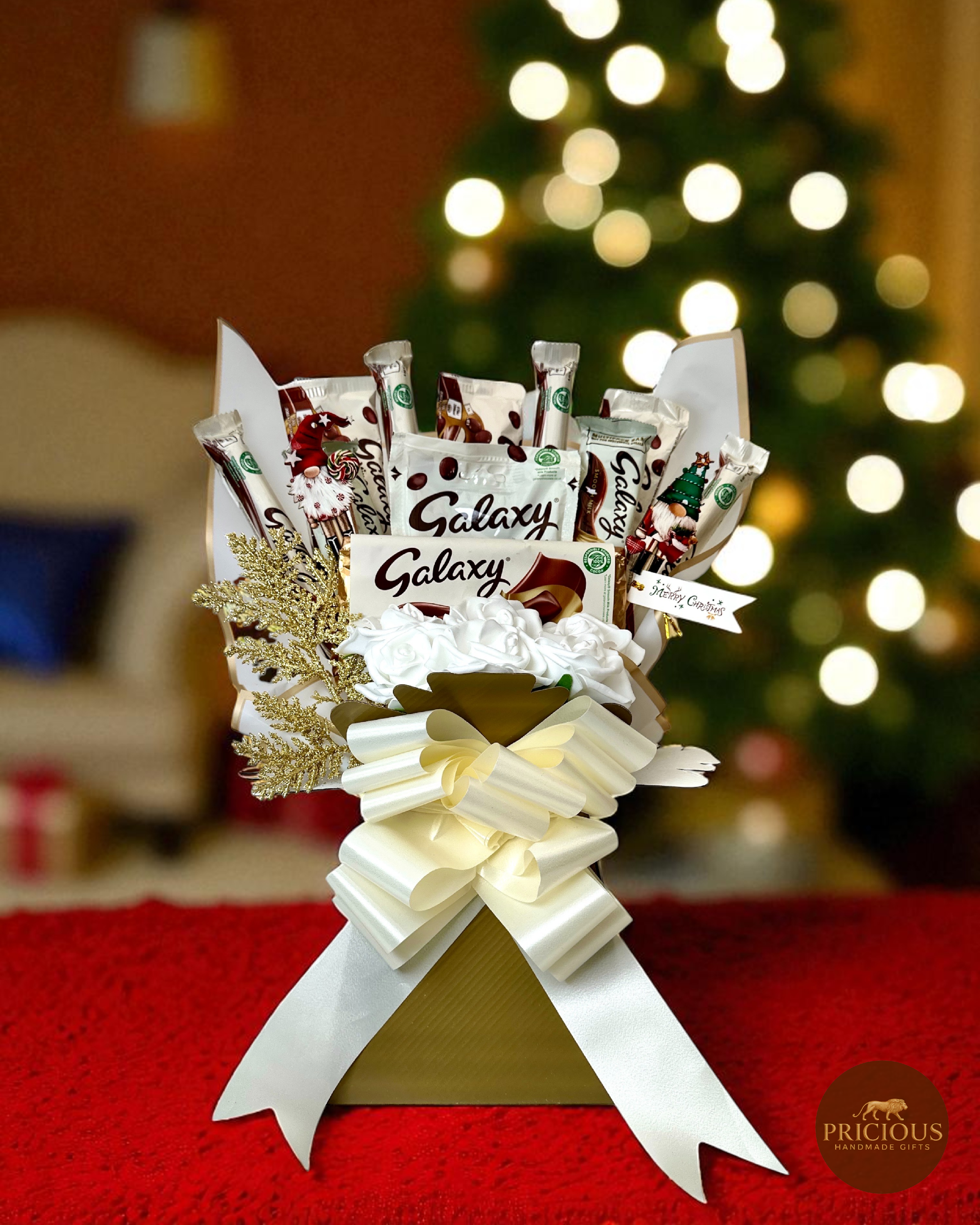 Ivory & gold Galaxy Christmas chocolate bouquet with white roses and gold fern