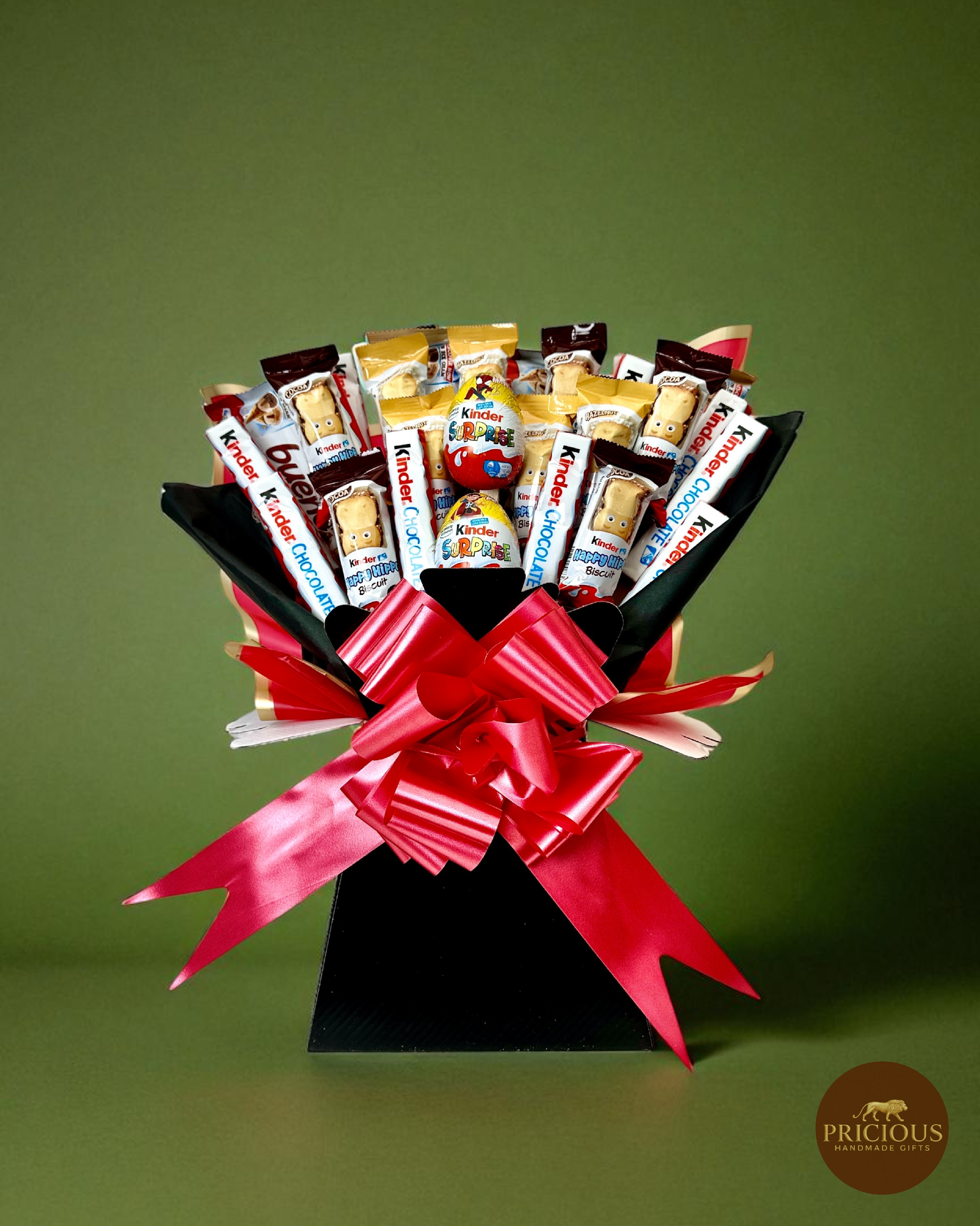 Kinder chocolate bouquet with Surprise eggs and red satin bow (black box)