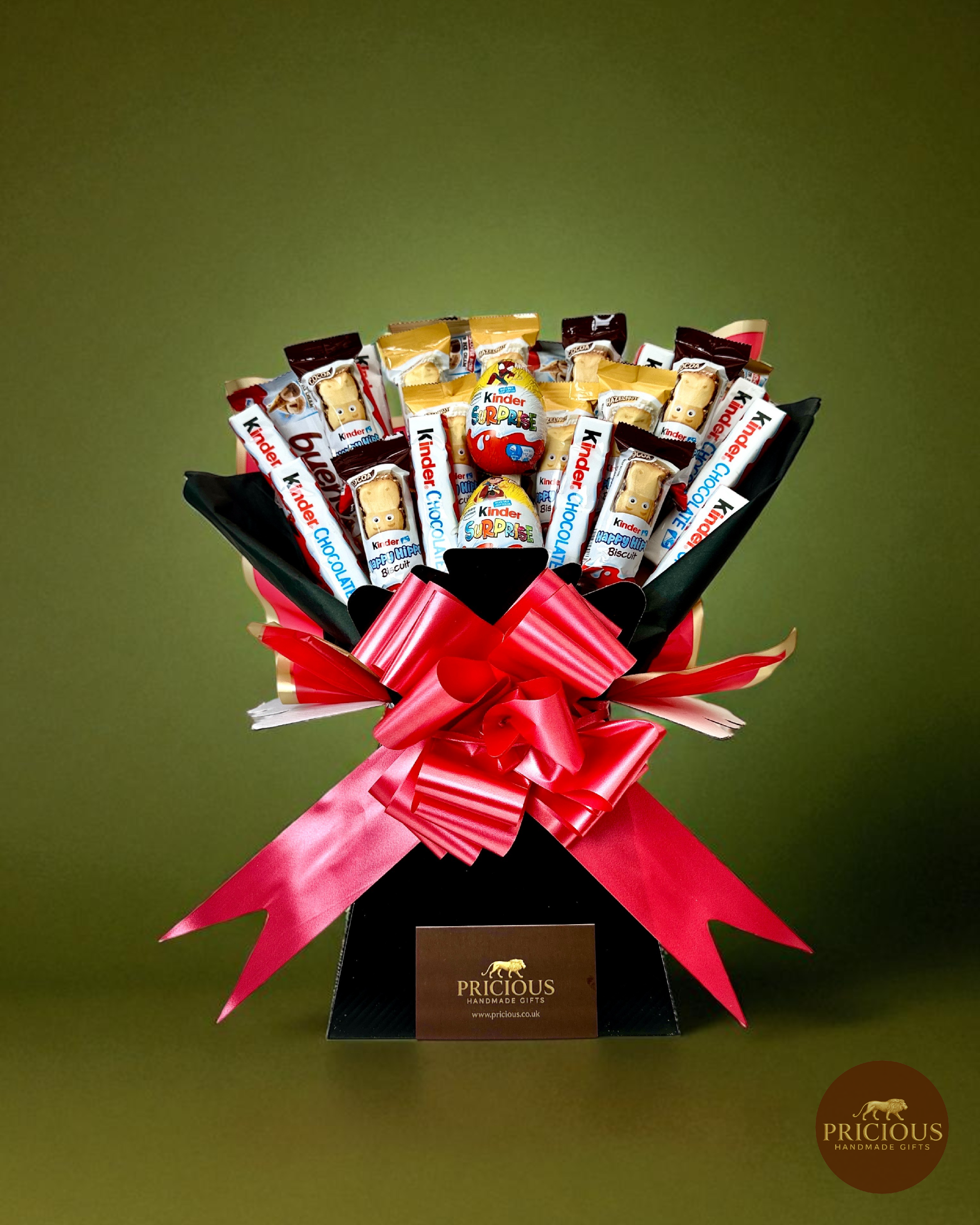Front view Kinder chocolate bouquet with bars, biscuits and Surprise egg