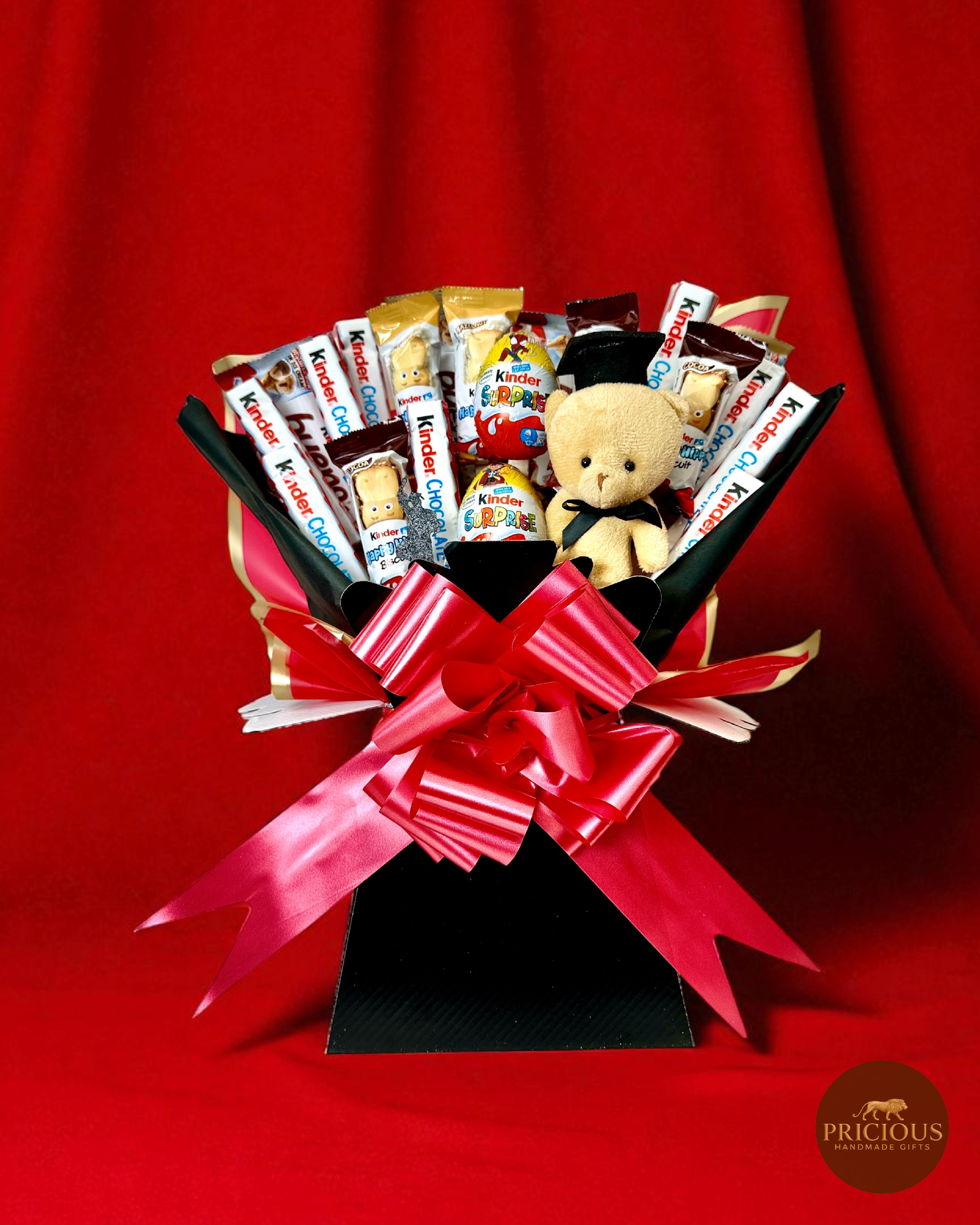Kinder graduation teddy chocolate bouquet with Surprise egg (black box, red bow)