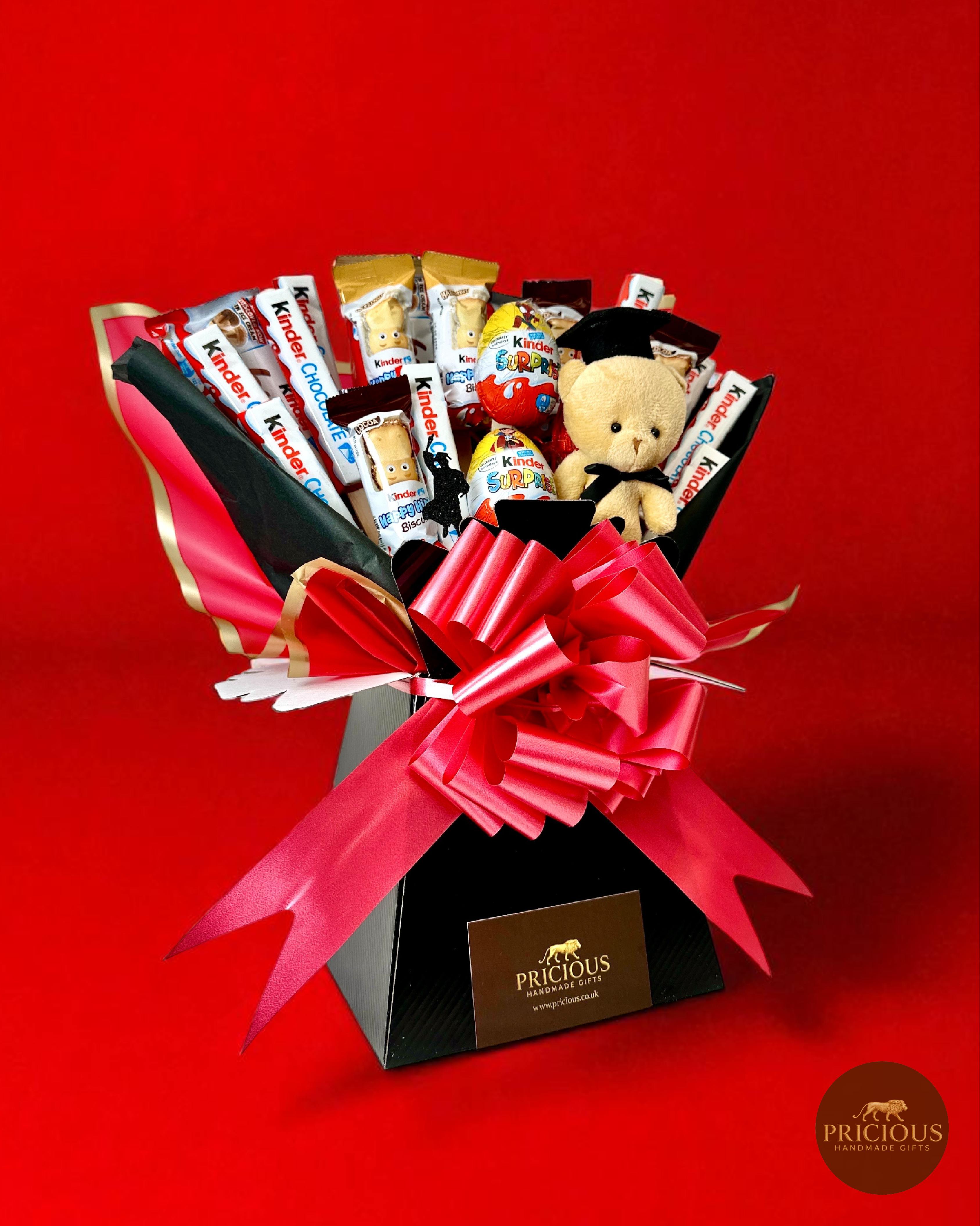 Side view of Kinder graduation chocolate bouquet in black box
