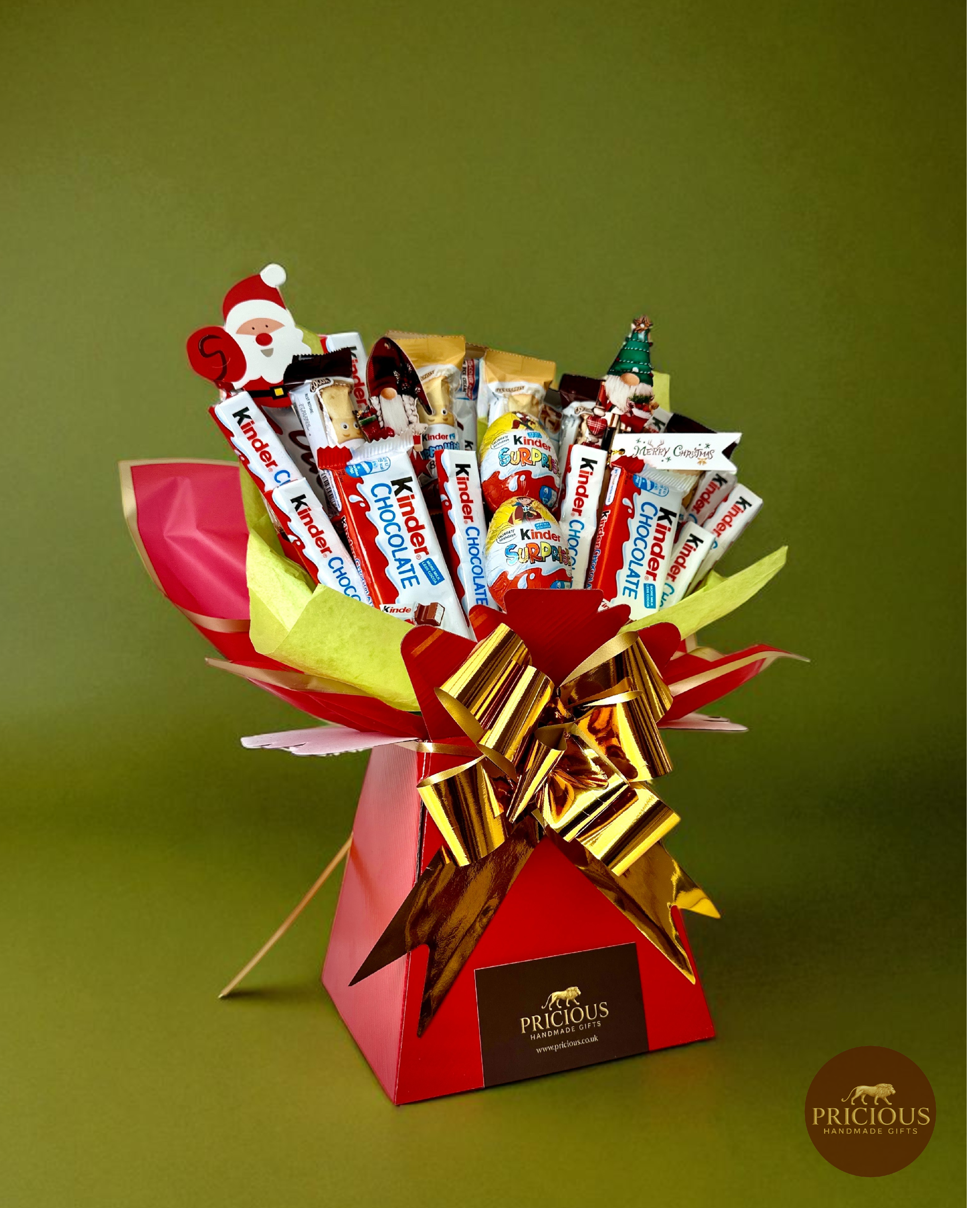 Side view of Kinder Christmas bouquet with Surprise egg and bars