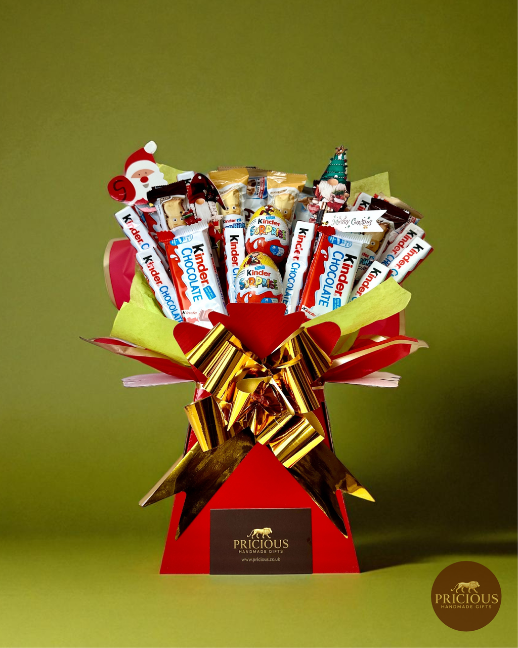 Front view Kinder festive chocolate bouquet (red & gold)