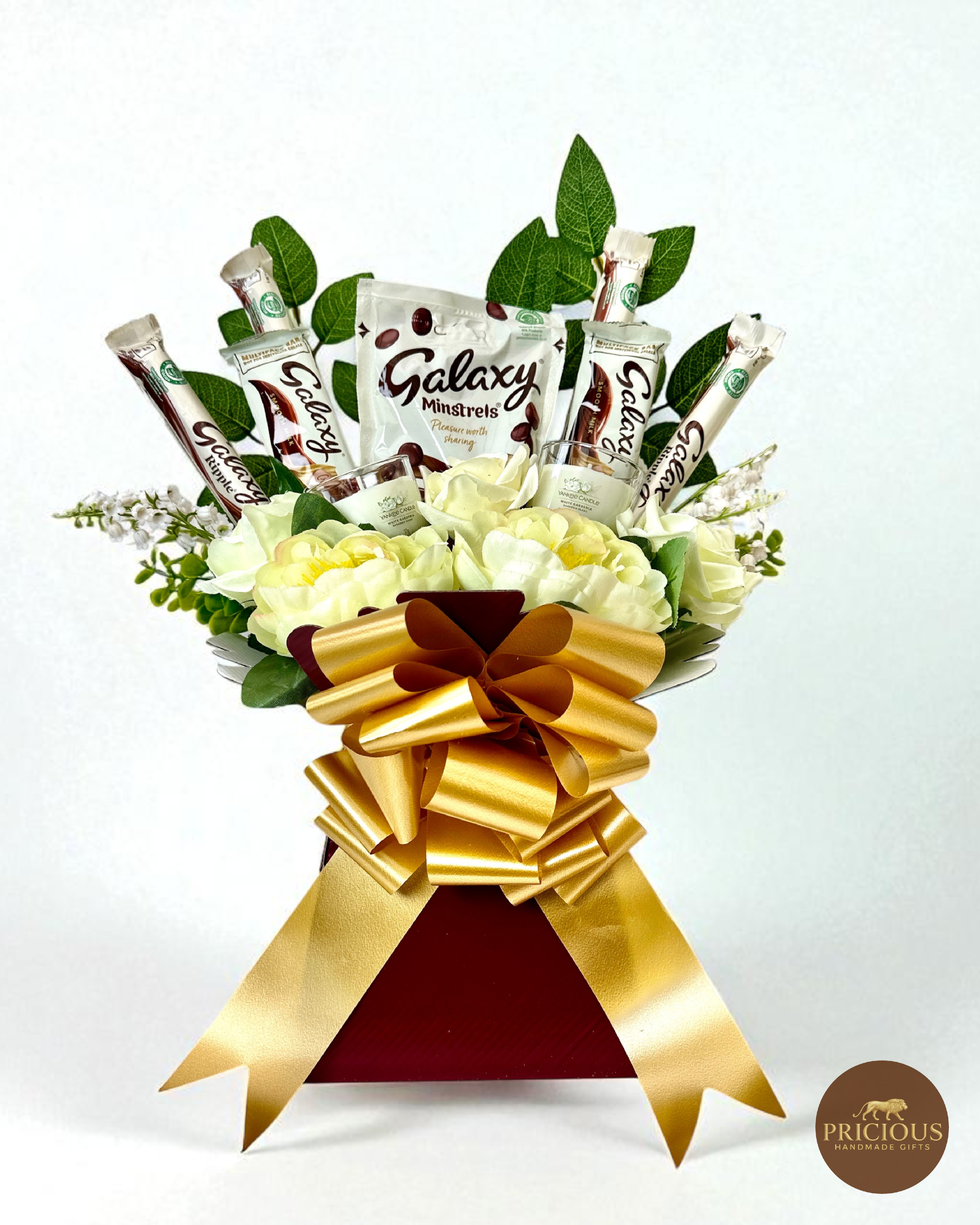 Galaxy chocolate bouquet with 2 Yankee Candle White Gardenia votives — burgundy & gold