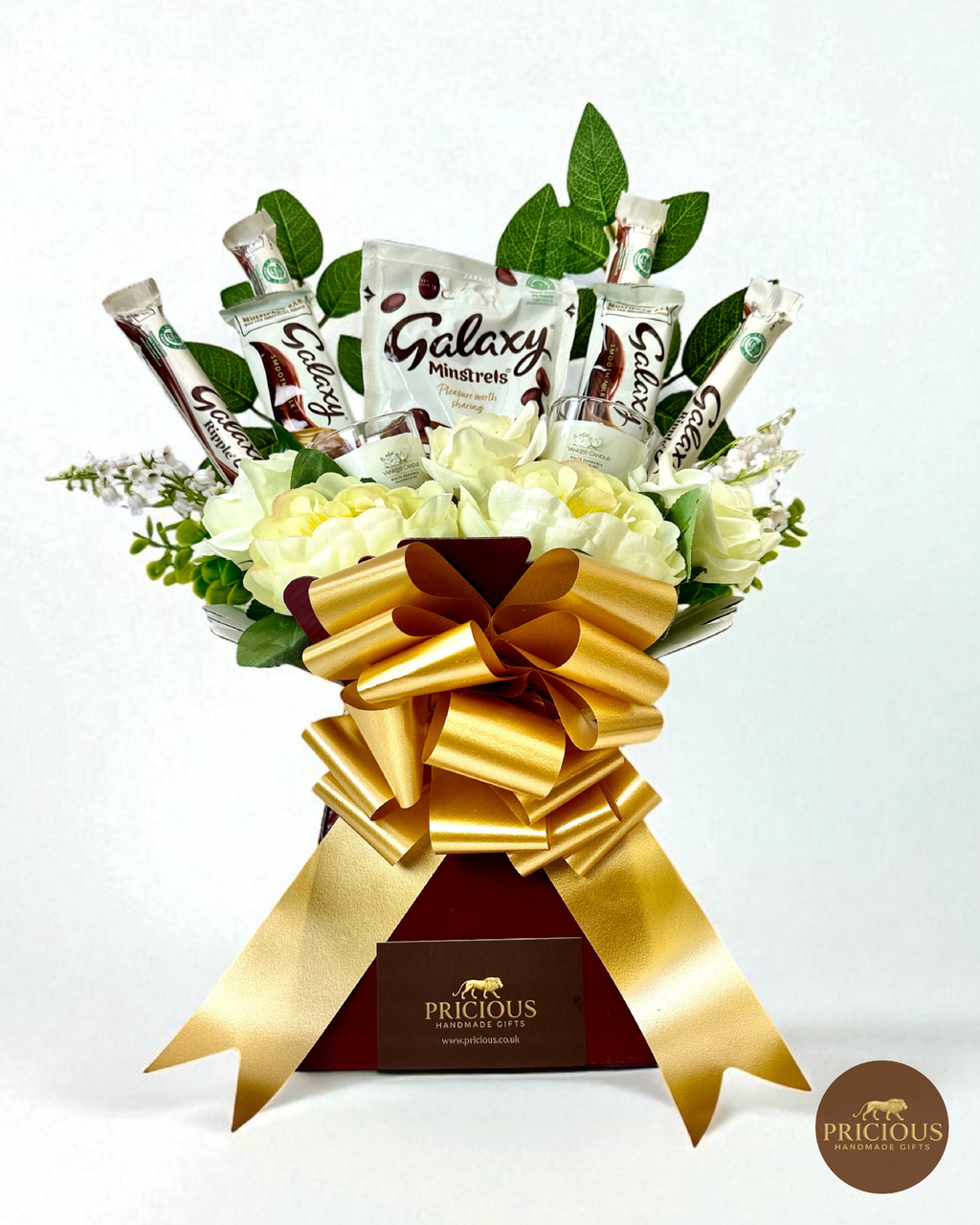 Front view Galaxy ivory rose & candle chocolate gift bouquet (burgundy & gold)